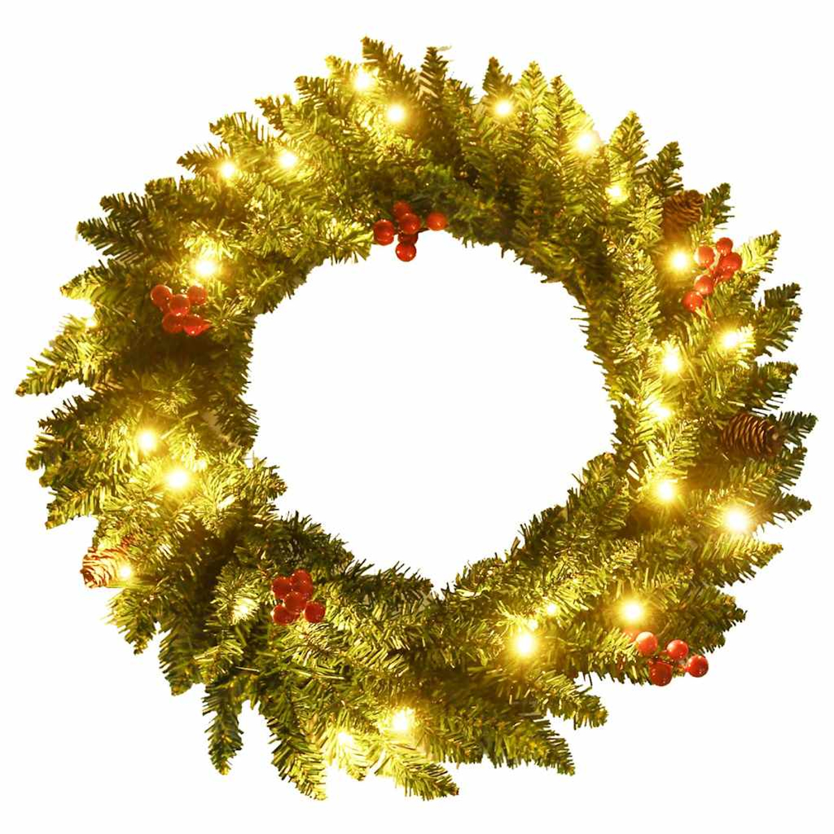 Ein Weihnachtskranz mit grünen Tannennadeln, roten Beeren und warmweißen Lichtern, mit weißem Hintergrund.