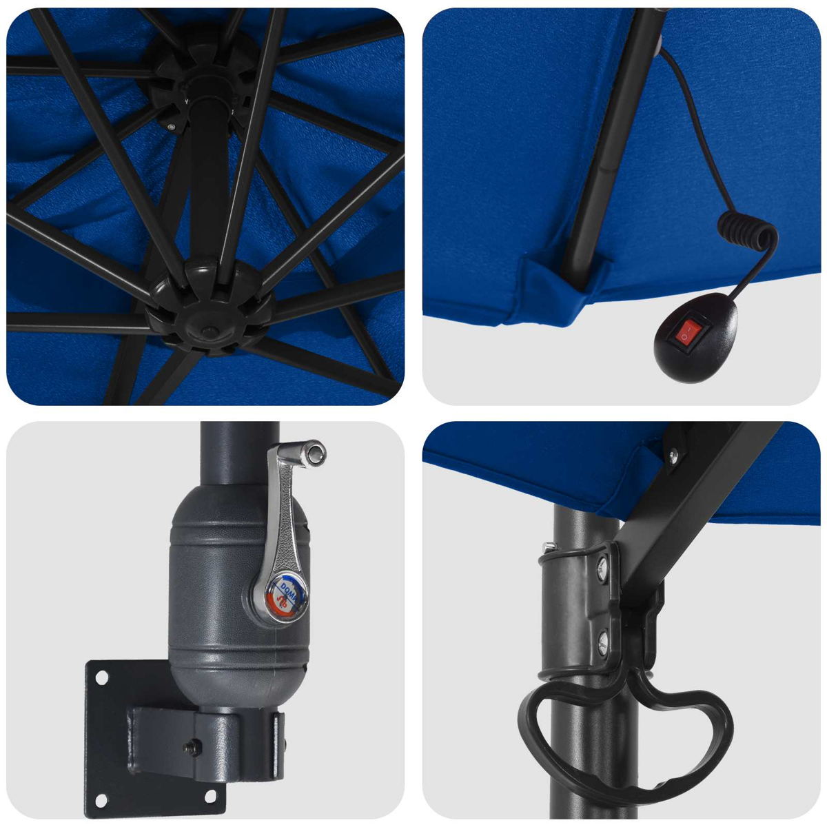 Un ombrello blu con struttura in metallo nero. I primi piani mostrano la struttura, la manovella, l'interruttore e la maniglia.