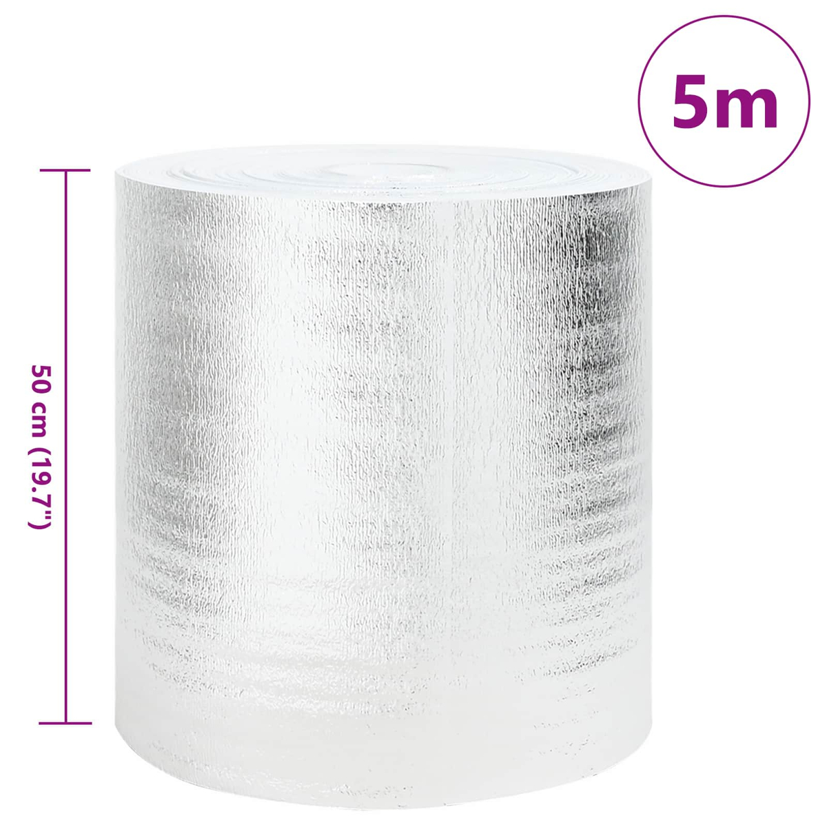 Eine Rolle silbernen Isoliermaterials mit einer Höhenanzeige von 50 cm und einem 5m-Etikett.