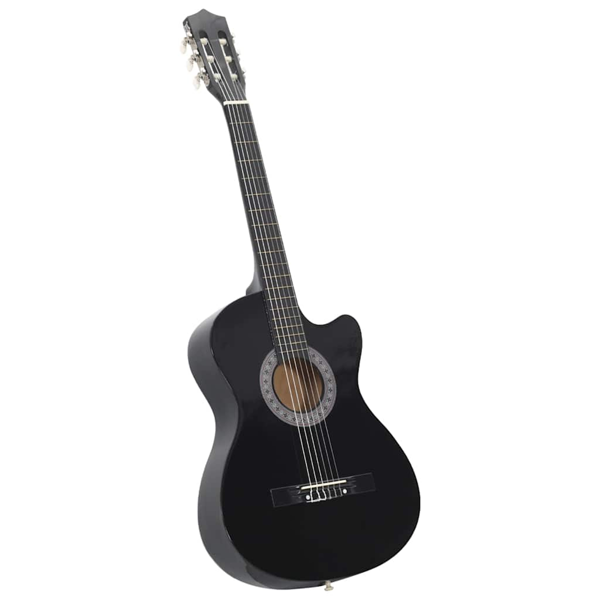 Akustische schwarze Gitarre. Korpus und Hals sind schwarz, das Schallloch hat eine verzierte Rosette, sechs Saiten auf weißem Grund.