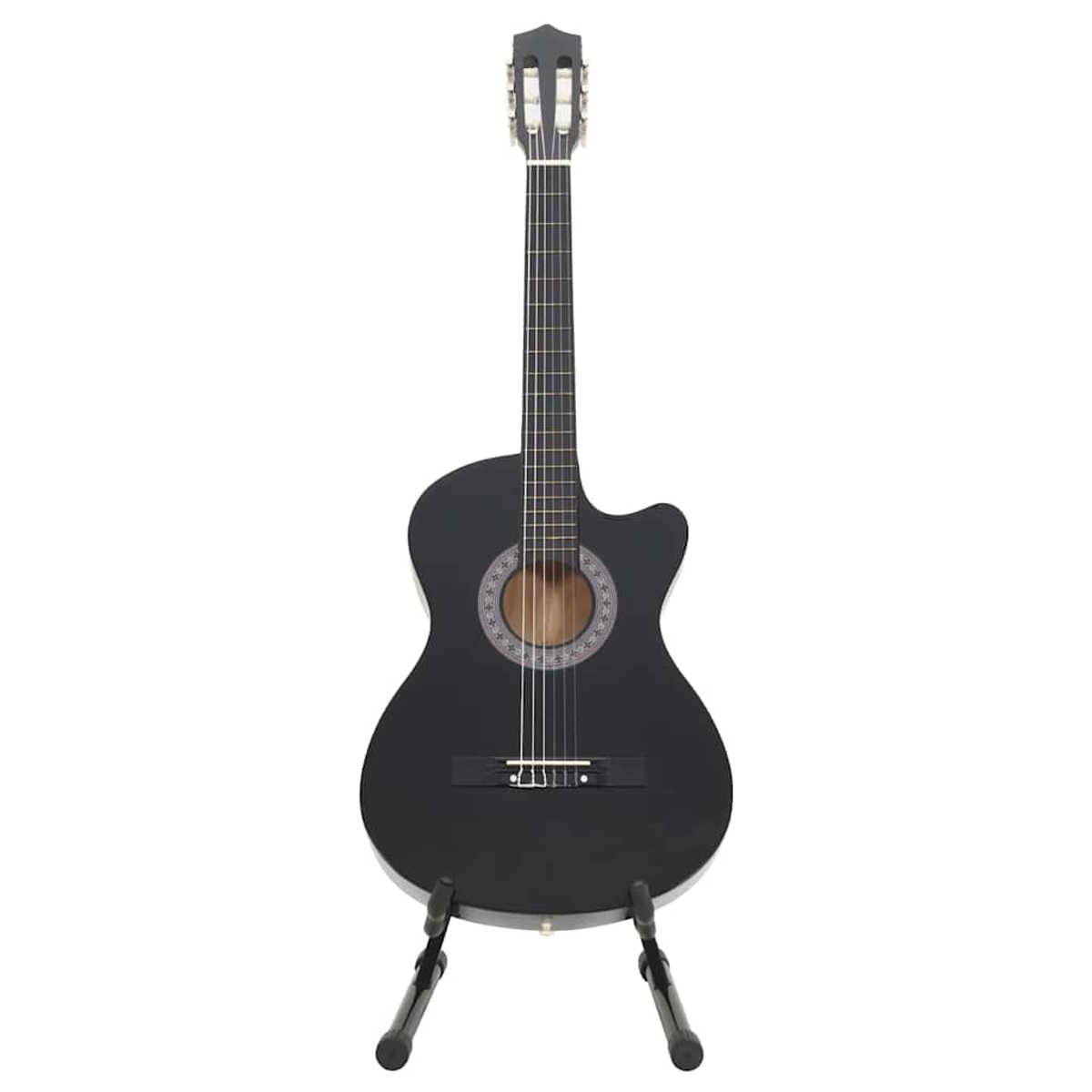 Eine schwarze Akustikgitarre steht auf einem schwarzen Ständer. Die Gitarre hat ein rundes Schallloch und sechs Saiten.