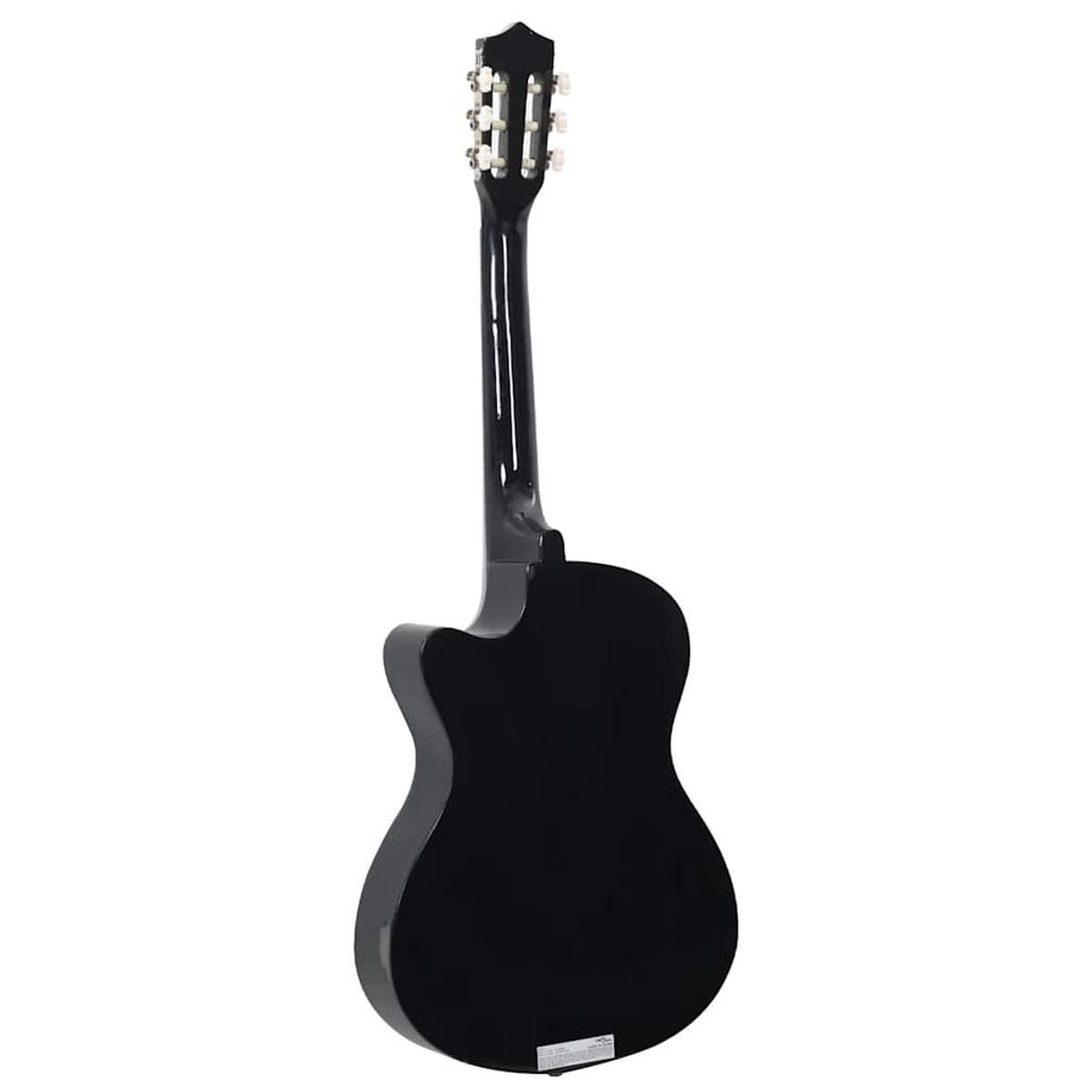 Akustikgitarre, schwarzer Korpus, von hinten sichtbar. Die Kopfplatte ist weiß mit Stimmwirbeln. Der Hintergrund ist weiß.