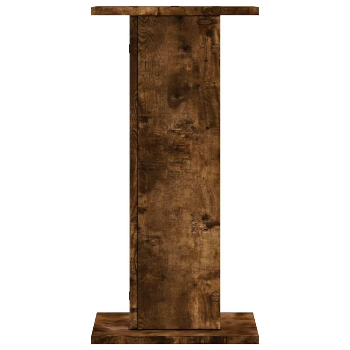 Ein dunkelbrauner Holzständer mit rechteckiger Basis und Oberseite, verbunden durch eine vertikale Planke. Die Holzmaserung ist sichtbar.