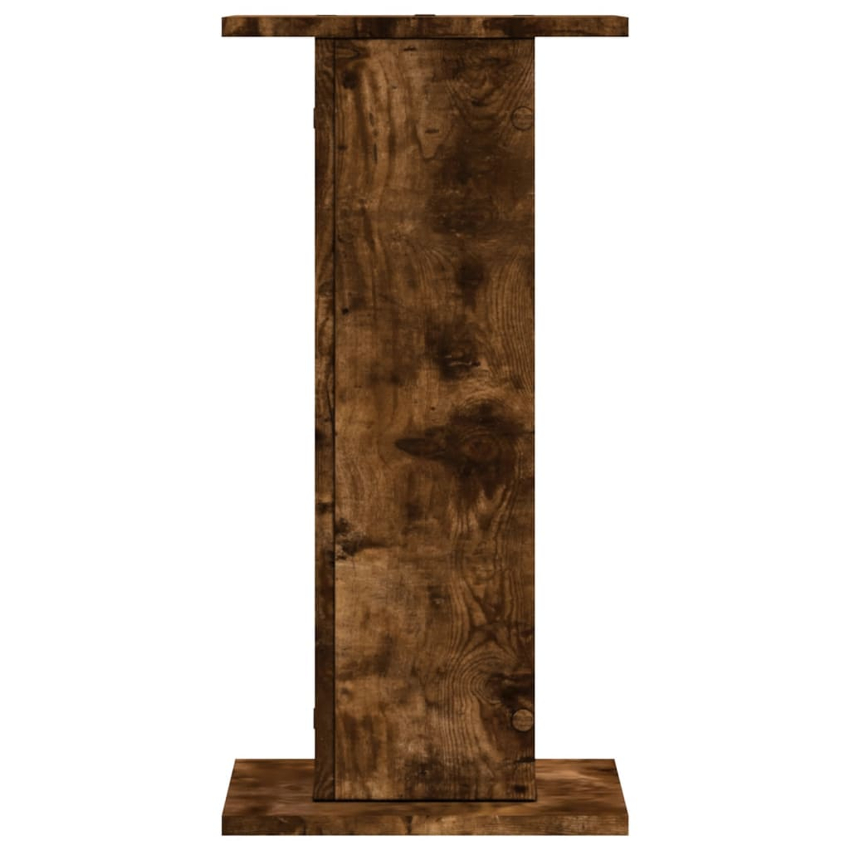 Ein dunkelbraunes Holzpodest. Das Podest hat eine rechteckige Basis, ein vertikales Mittelstück und eine Oberseite.