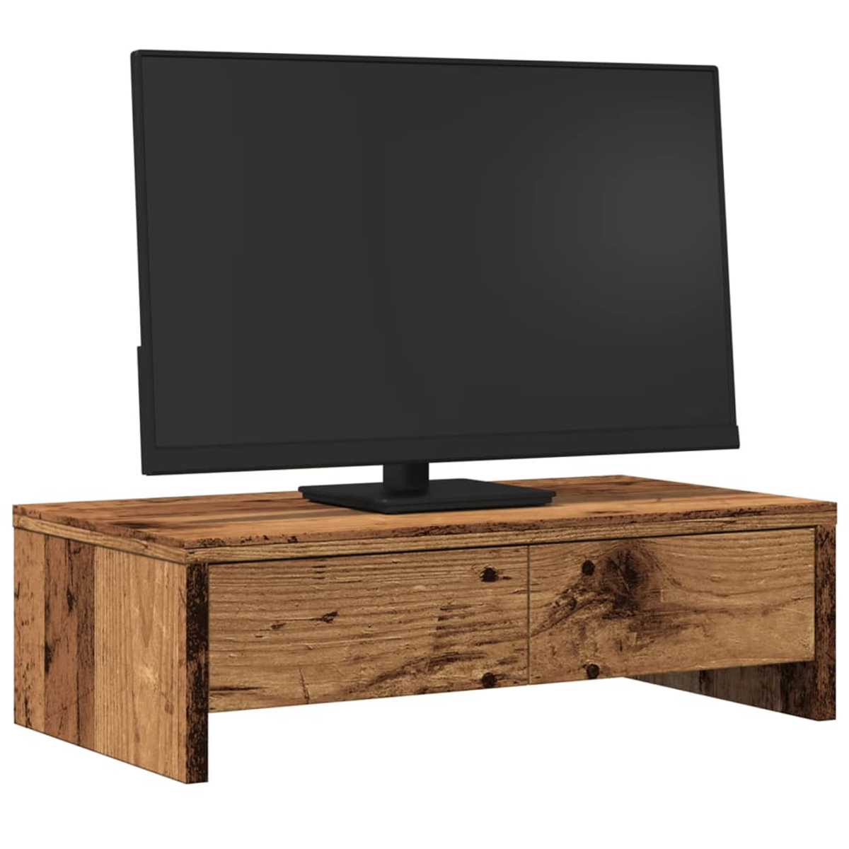 Ein Flachbildfernseher auf einem Holzschrank. Der Fernseher ist schwarz, der Schrank hat eine braune, strukturierte Oberfläche.