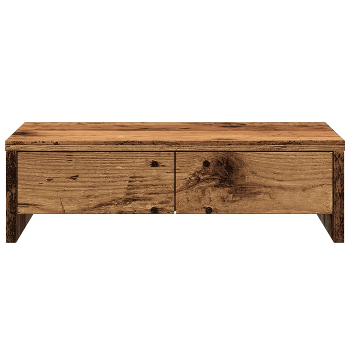 Ein niedriger Couchtisch aus Holz mit zwei Schubladen. Das Holz ist hellbraun mit sichtbarer Maserung und Knoten. Es hat eine rechteckige Form.