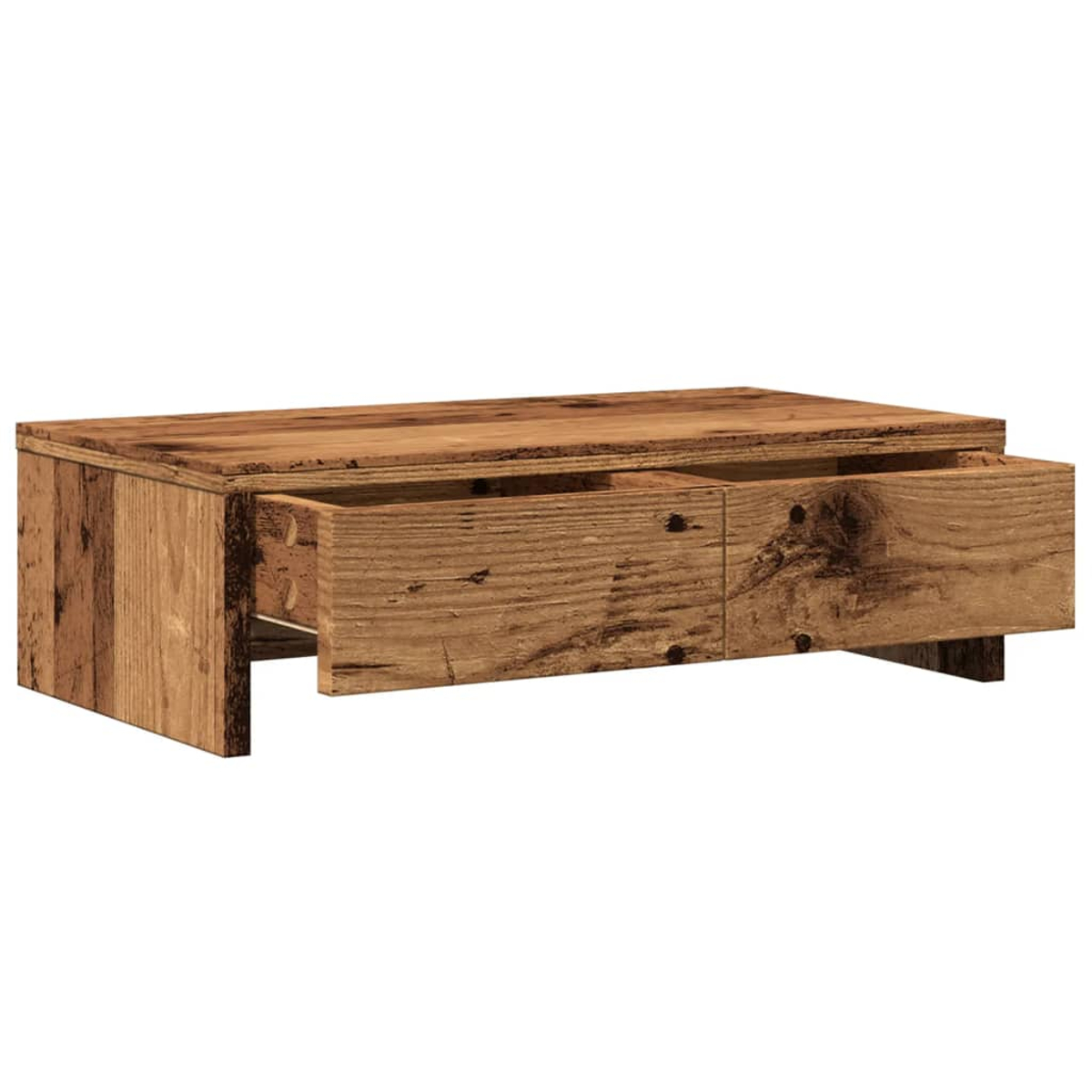 Ein rustikaler Couchtisch aus Holz mit zwei Schubladen. Eine Schublade ist geöffnet und zeigt das Innere. Das Holz ist hellbraun.