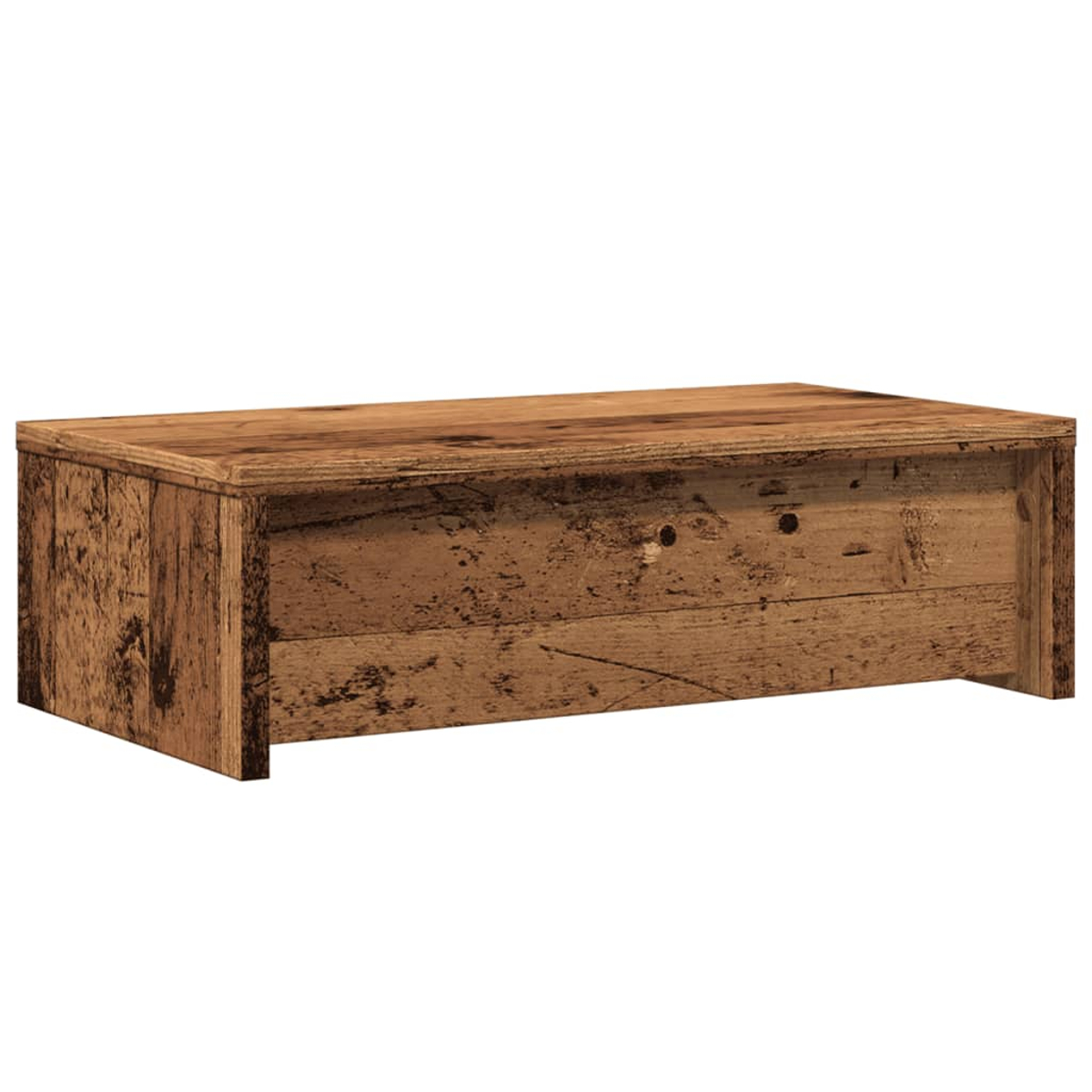 Ein rechteckiger Couchtisch aus Holz. Er ist braun und hat sichtbare Holzmaserung. Der Tisch hat ein einfaches Design mit flacher Oberseite und Seiten.