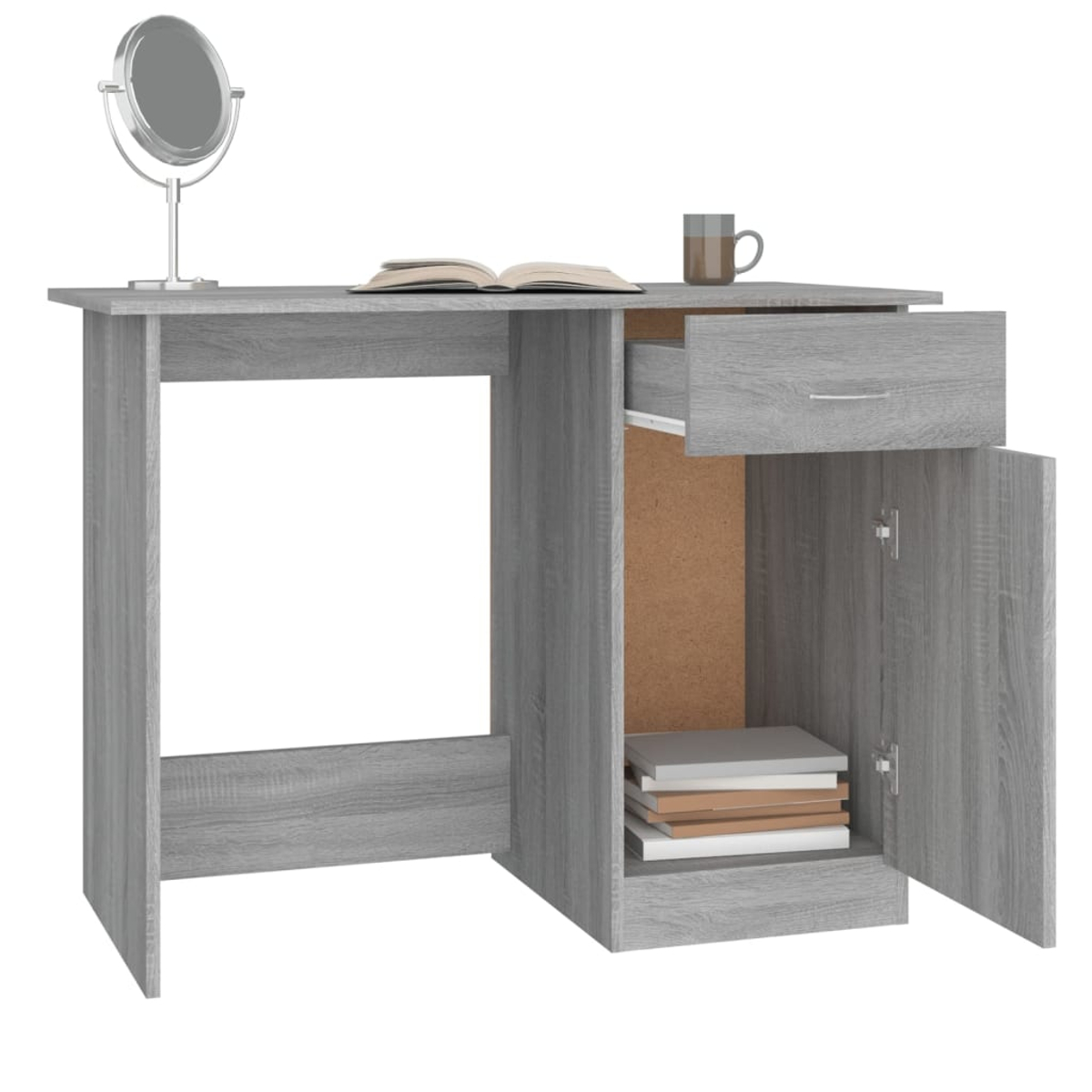 Grauer Schreibtisch mit Spiegel, offenem Buch und Tasse. Schublade offen, Schranktür offen mit Büchern. Korkrückwand.