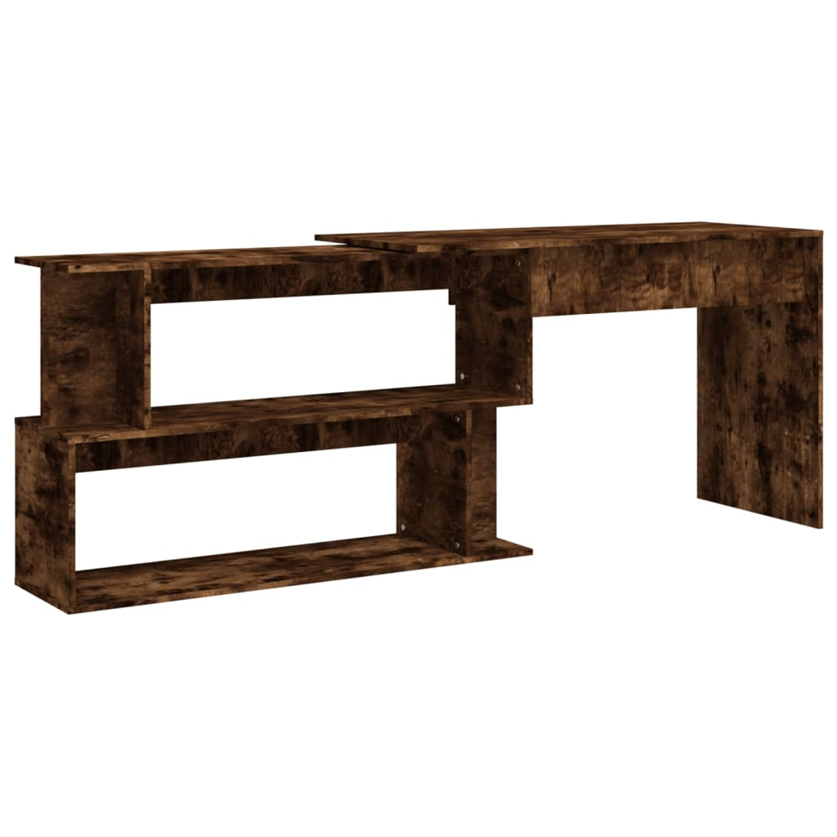 Ein brauner Holzschreibtisch mit einem einzigartigen Stufendesign, mit Regalen und einem Hauptschreibtischbereich, vor weißem Hintergrund.