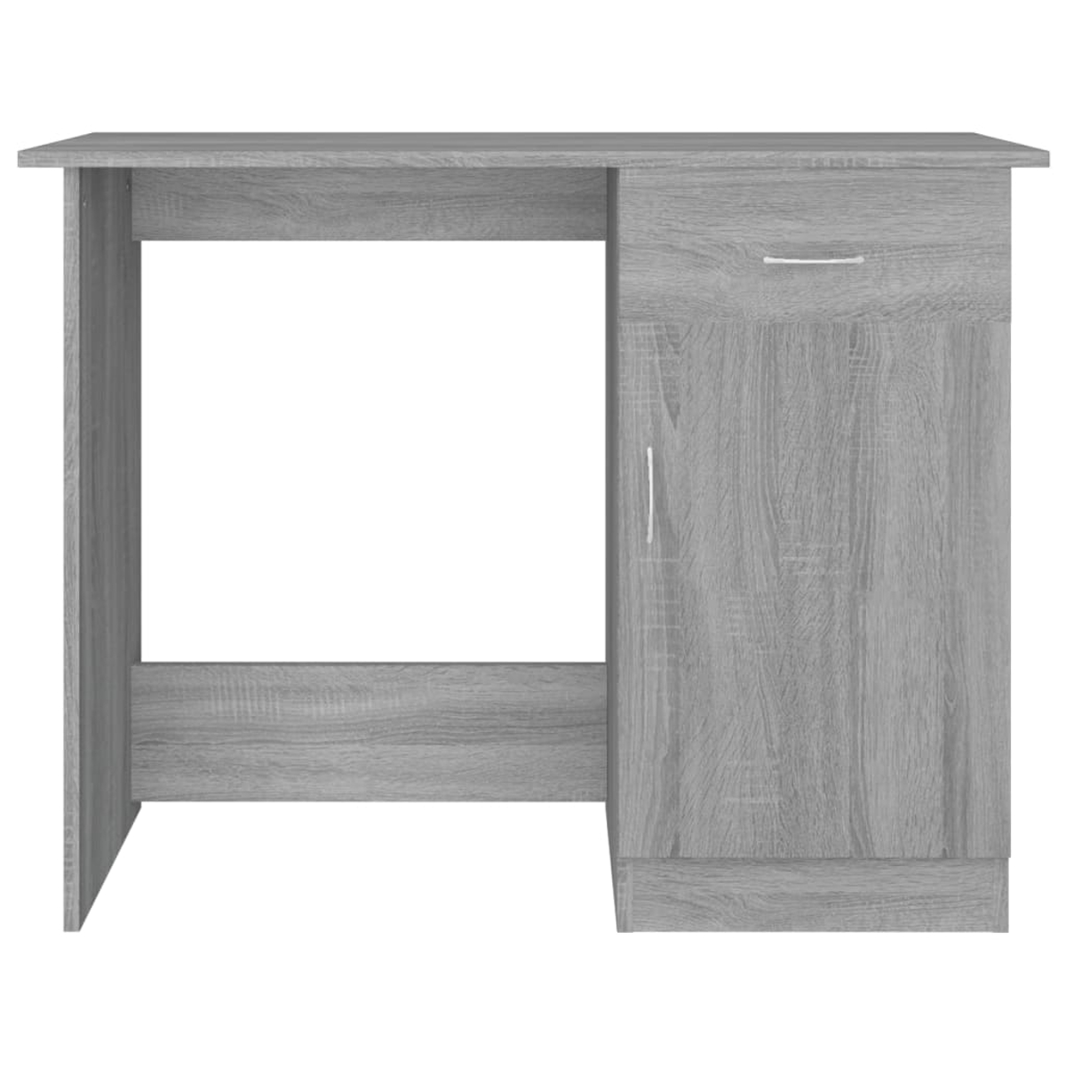 Ein grauer Holzschreibtisch mit einer Schublade und einem Schrank. Der Schreibtisch hat eine rechteckige Oberseite und zwei Beine. Der Schrank hat einen Griff.