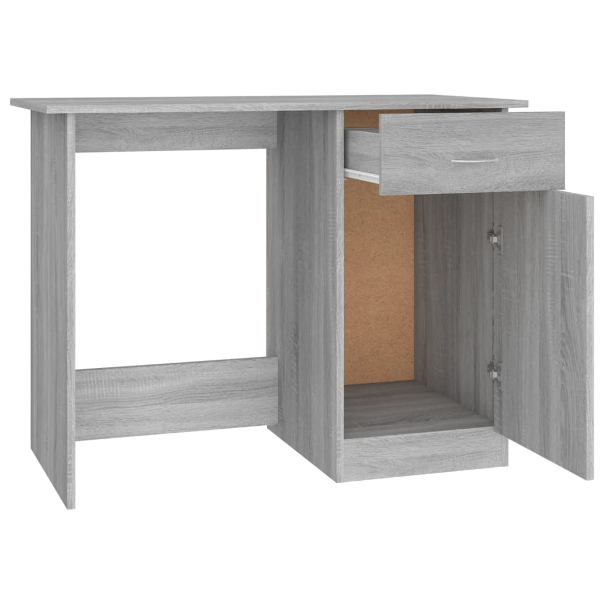 Ein grauer Schreibtisch mit offener Schublade und Schranktür. Im Schrank ist ein Regal sichtbar, und die Rückseite ist braun.