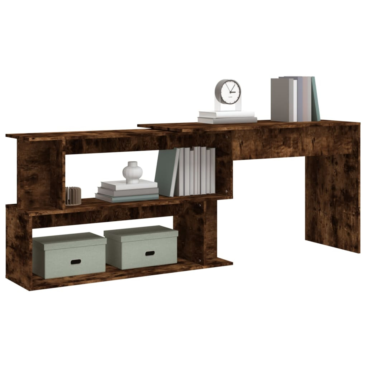 Ein braunes Holzregal mit Büchern, Boxen, einer Uhr und einer Vase. Das Regal hat mehrere Ablagen und ein einzigartiges Design.