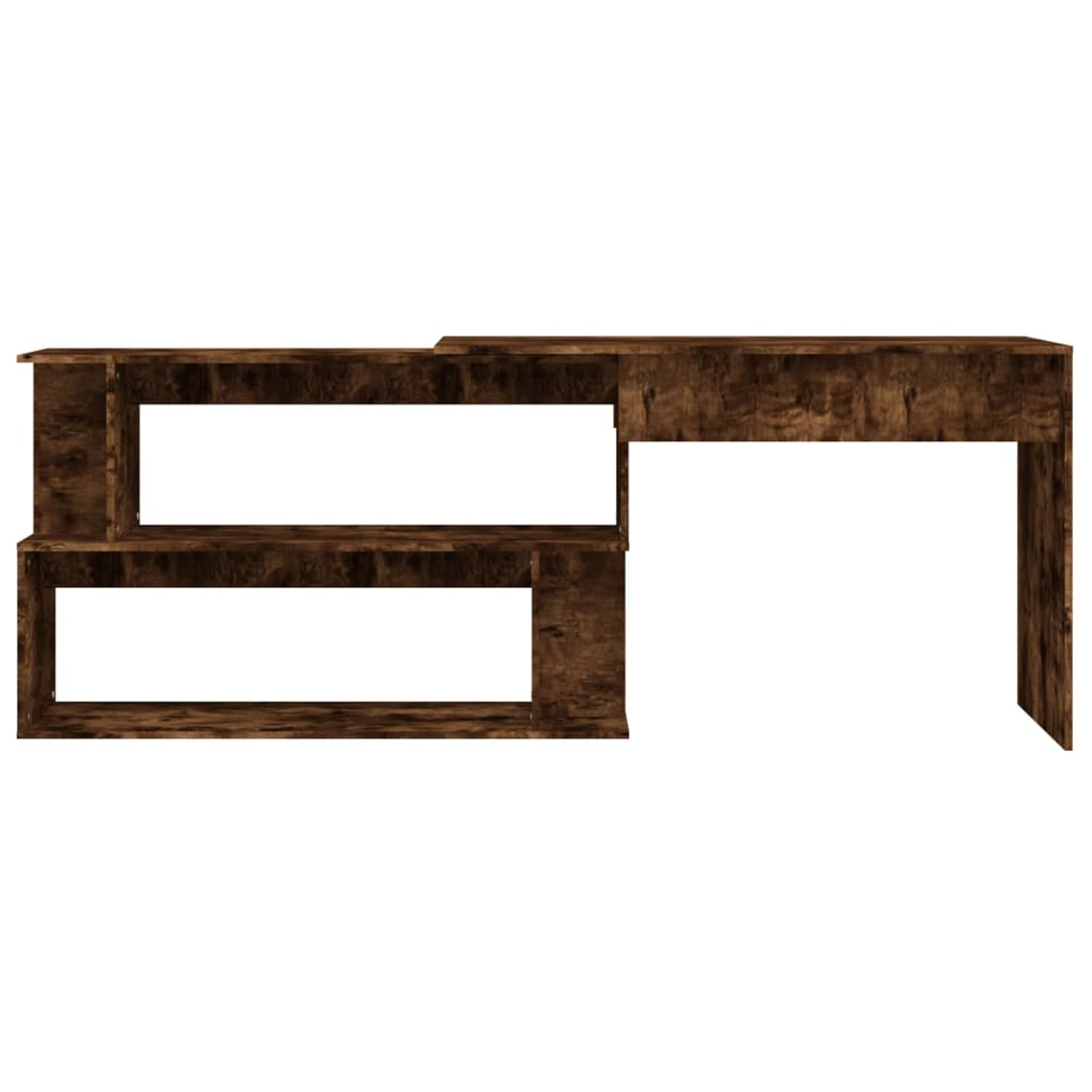 Ein brauner Holzschreibtisch mit Regalen auf der linken Seite und einer rechten Seite für den Arbeitsbereich. Weißer Hintergrund.