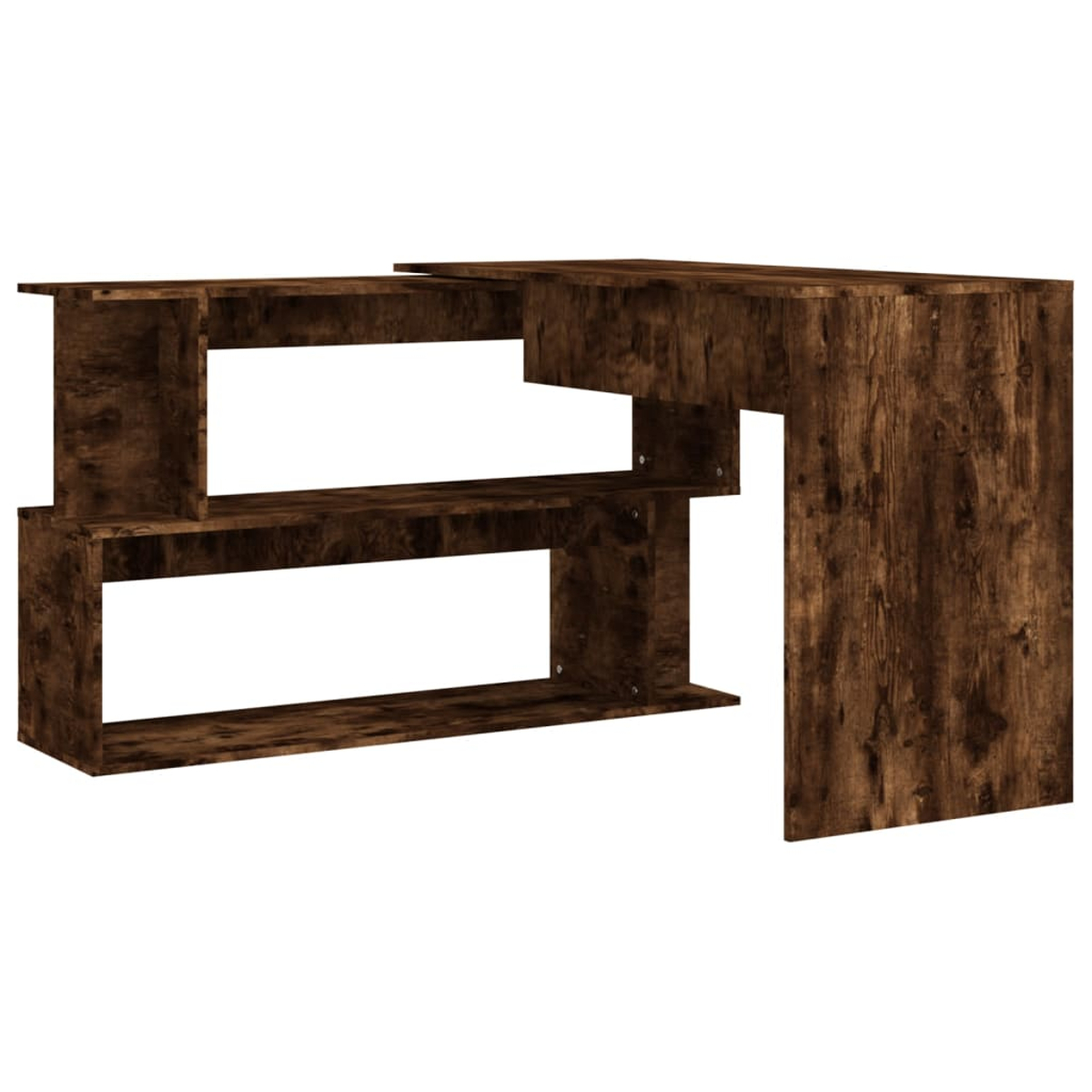 Ein dunkelbrauner Holzschreibtisch mit Regalen. Der Schreibtisch hat ein L-förmiges Design mit mehreren Regalen auf einer Seite. Weißer Hintergrund.