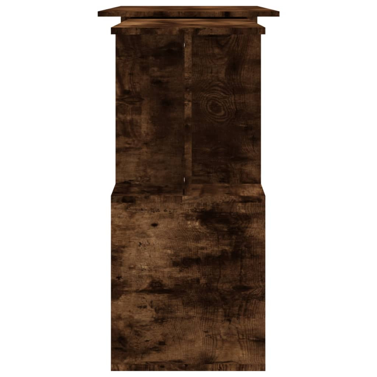 Ein hoher, dunkelbrauner Holzschrank. Er hat eine rechteckige Oberseite, einen mittleren Bereich und eine untere rechteckige Basis. Die Holzmaserung ist sichtbar.