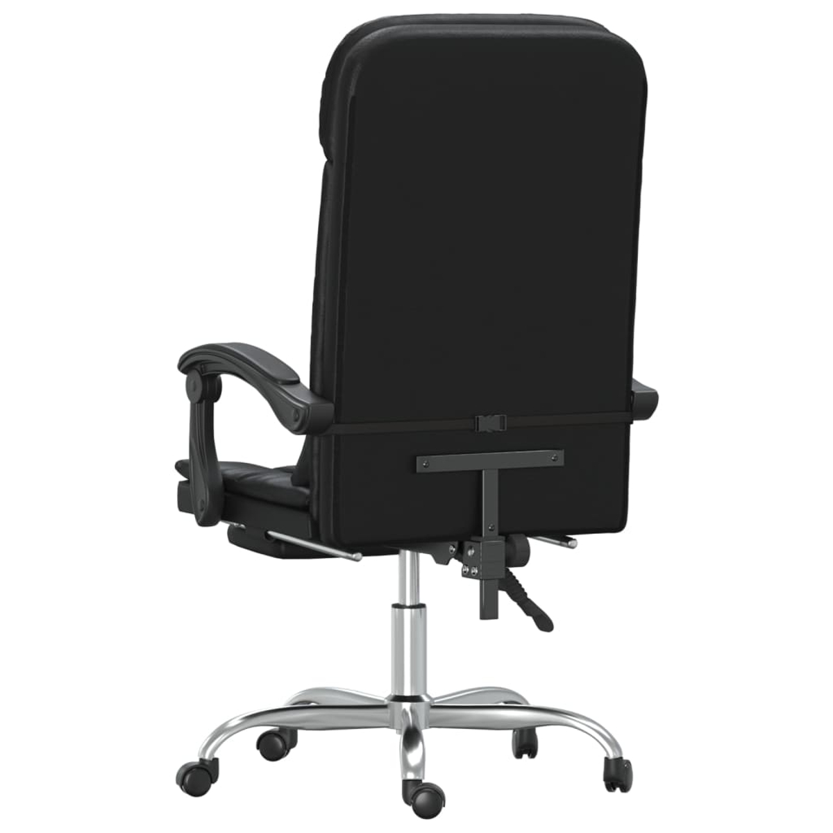 Ein schwarzer Bürostuhl, von hinten gesehen. Er hat eine hohe Rückenlehne, Armlehnen und ein silbernes Gestell mit Rollen auf weißem Hintergrund.