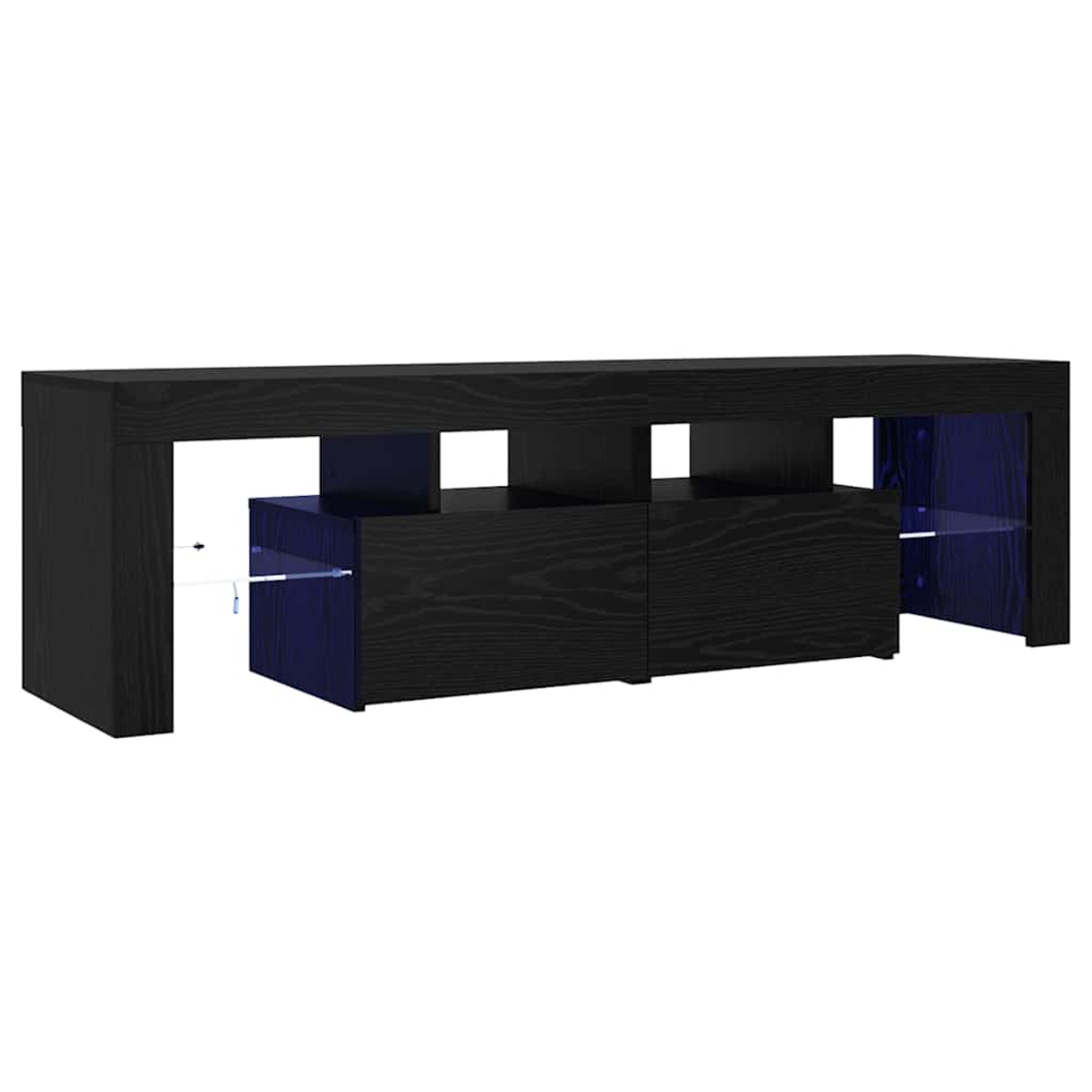 Schwarzer TV-Ständer mit blauen Akzenten und Glasböden. Er hat ein modernes Design mit Schubladen und offenen Fächern.