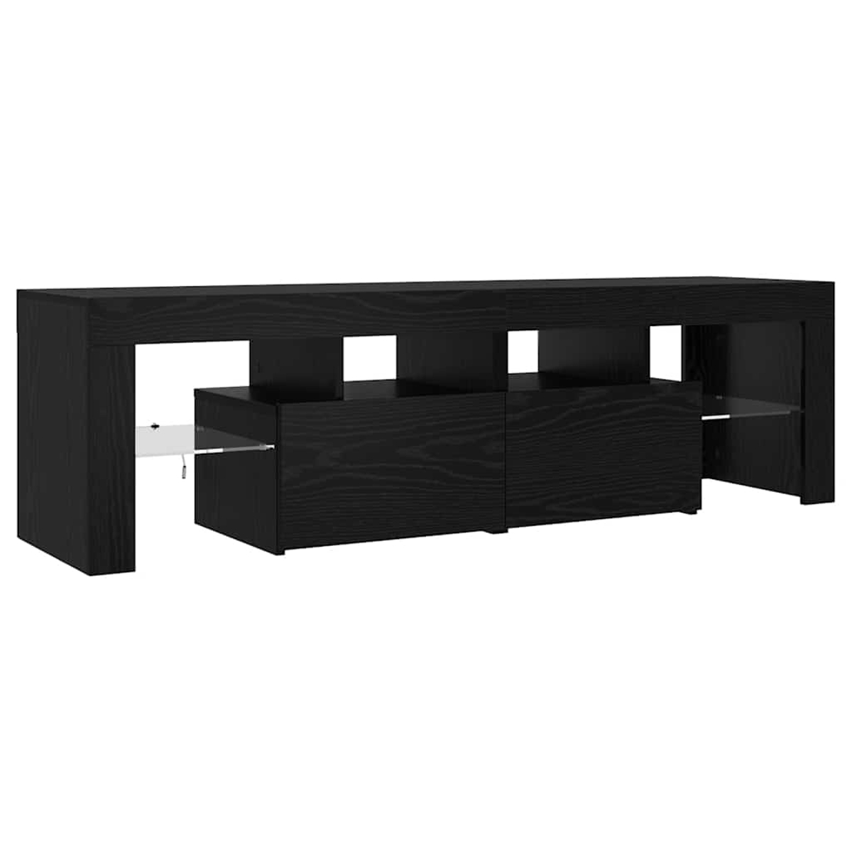 Ein moderner schwarzer TV-Ständer mit mehreren Fächern und offenen Regalen. Es hat ein schlankes, minimalistisches Design mit Glasakzenten.
