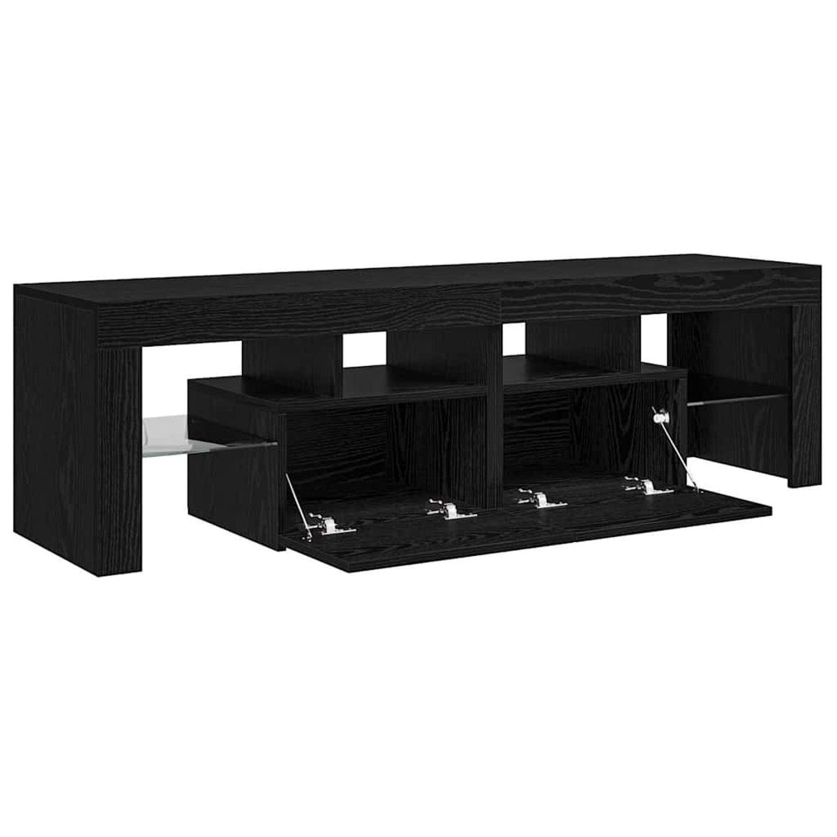 Ein schwarzer TV-Ständer aus Holz mit mehreren Fächern. Einige Türen sind offen. Auf der linken Seite ist ein Glasregal zu sehen.