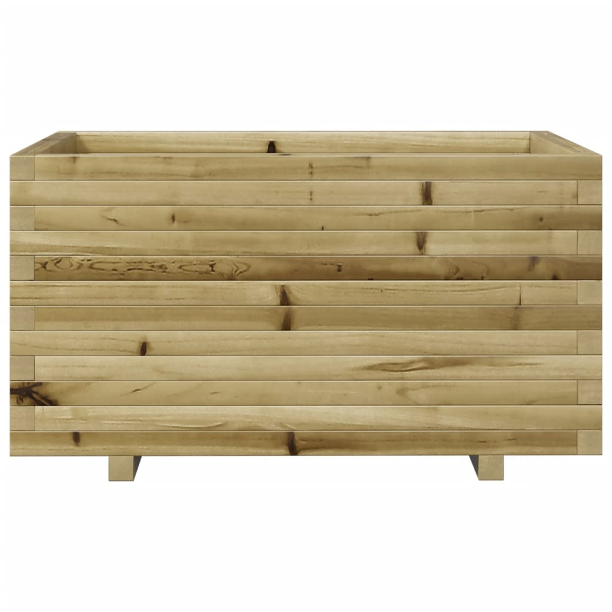 Eine rechteckige Pflanzkiste aus Holz. Sie besteht aus horizontalen Holzplanken. Die Kiste steht auf kurzen Holzfüßen.