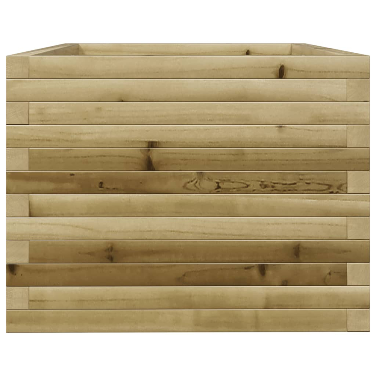 Eine rechteckige Holzpflanzkiste. Die Kiste besteht aus horizontalen Holzbrettern in verschiedenen Brauntönen.