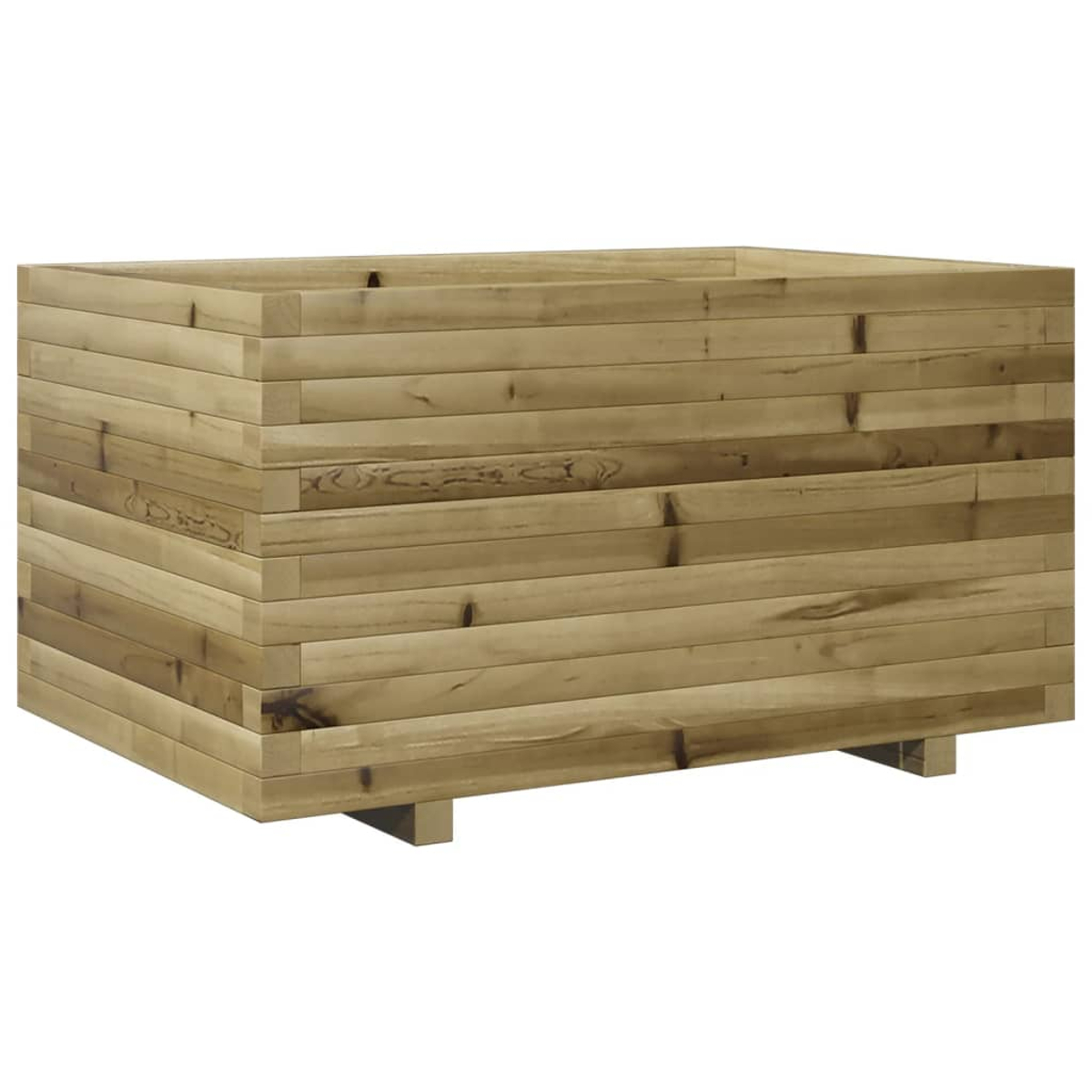 Eine rechteckige Holzkasten. Es besteht aus horizontalen Holzplanken. Die Box steht auf kurzen Holzfüßen.
