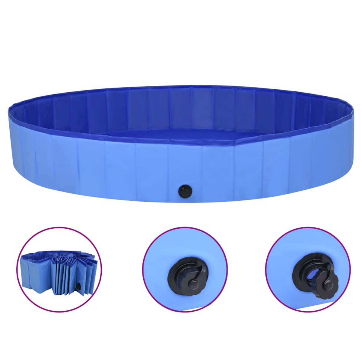 Runder, blauer, zusammenklappbarer Haustierpool. Details zeigen das Ablassventil. Gefalteter Pool in der Ecke.