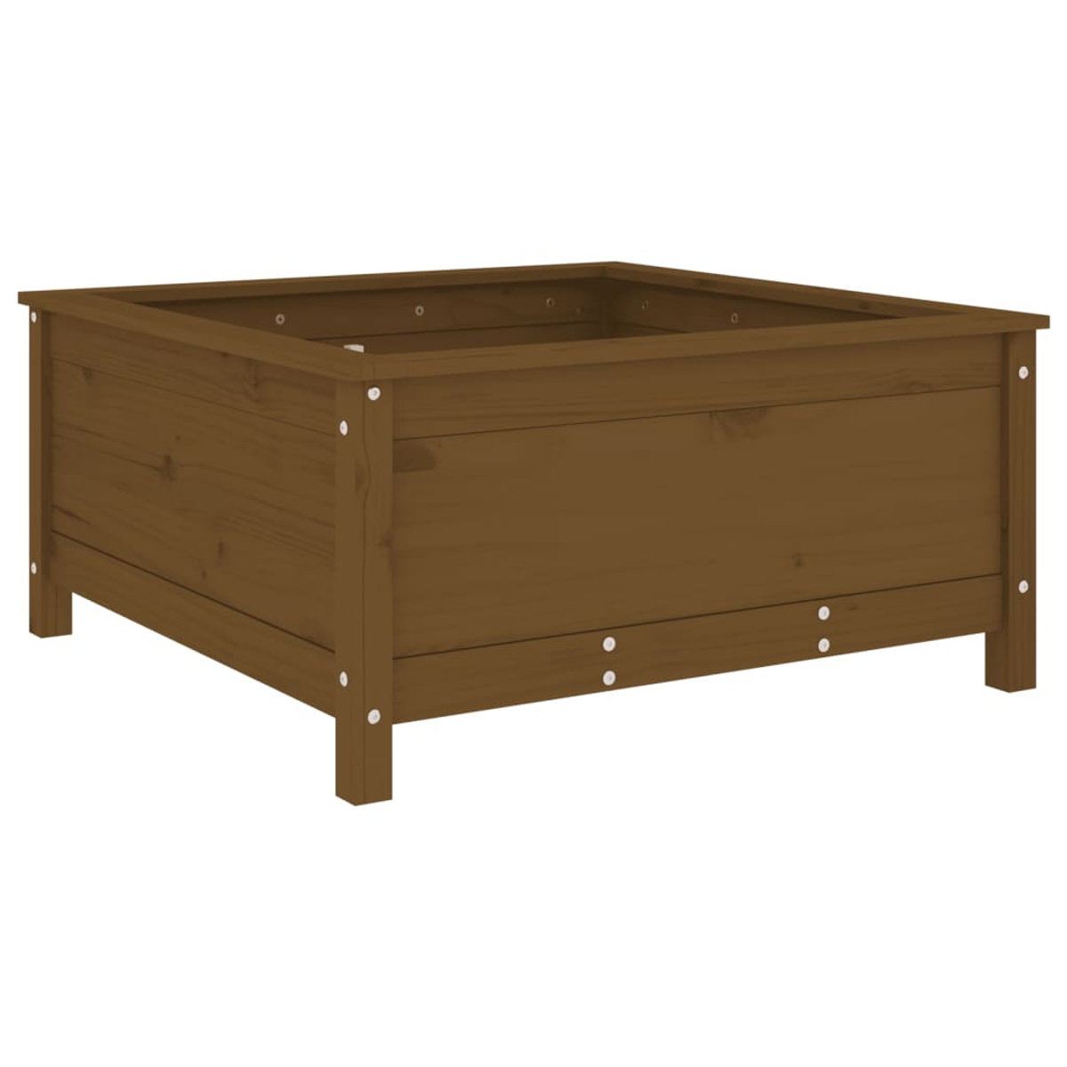 Eine braune Holzkasten mit vier Beinen. Er ist leer und steht auf weißem Hintergrund. Das Holz hat eine natürliche Maserung.