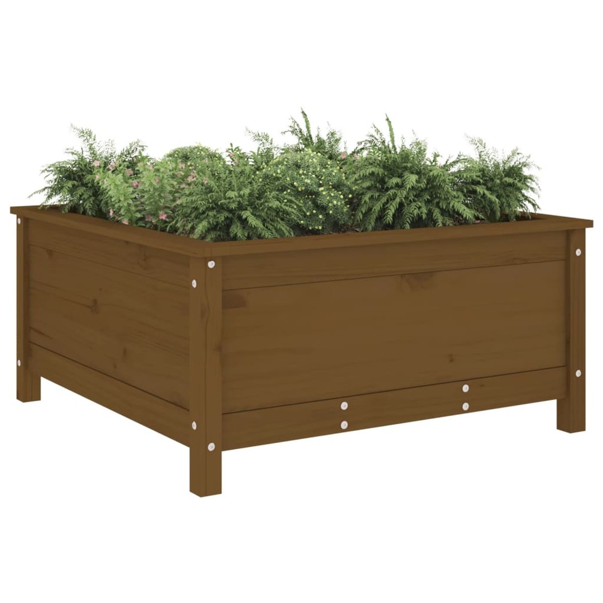 Eine braune Holzkasten mit grünen Pflanzen und kleinen rosa Blüten. Der Pflanzer steht auf kurzen Beinen.