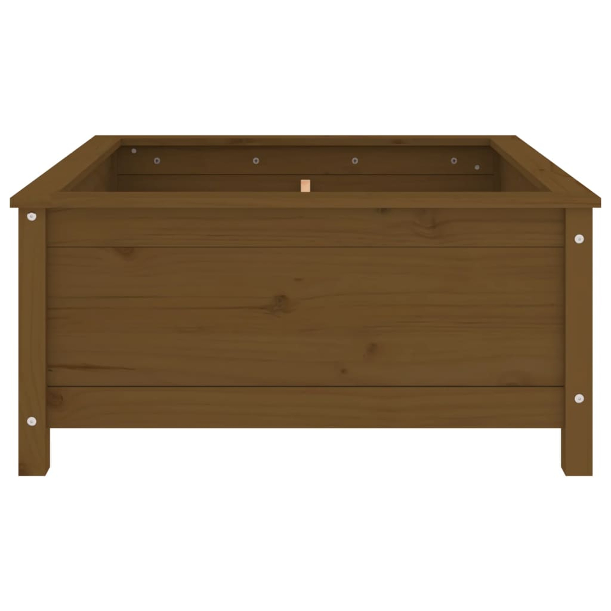 Eine braune Holzpflanzkasten auf weißem Hintergrund. Rechteckig, mit sichtbarer Holzmaserung und Schrauben.