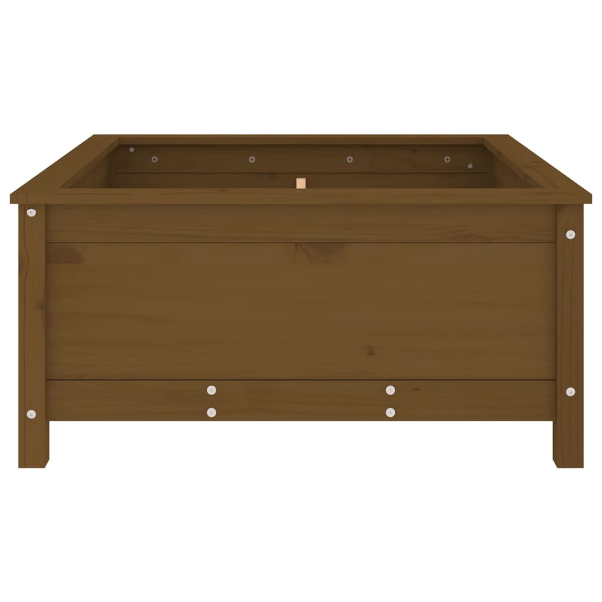 Eine braune Holzkasten-Pflanzkiste mit rechteckiger Form. Die Kiste hat vier Beine und ist innen leer, vor weißem Hintergrund.