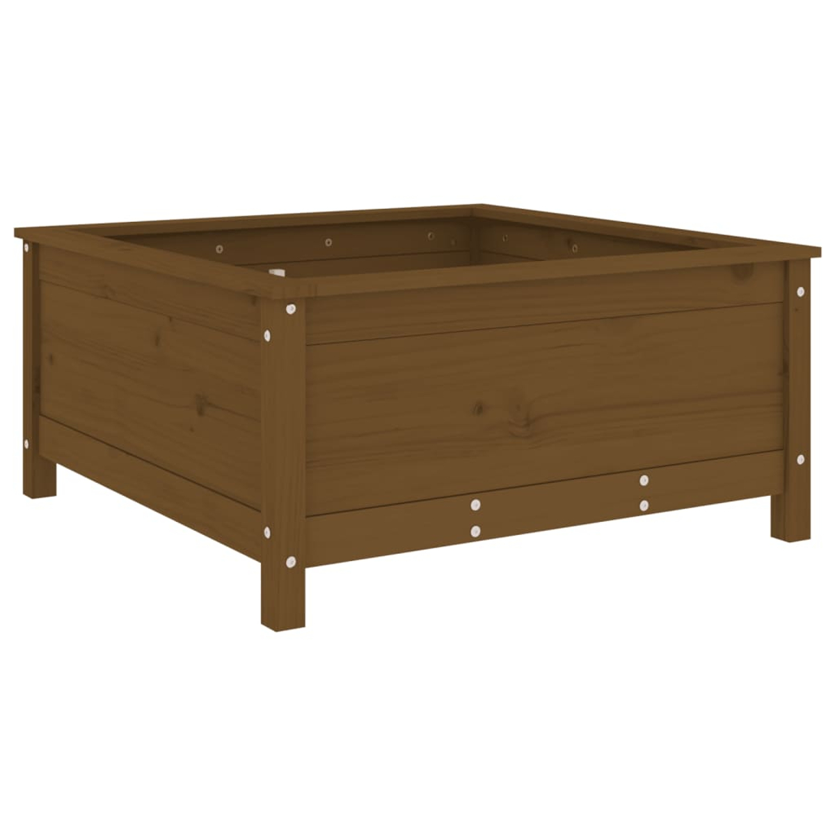 Eine quadratische, braune Holzpflanzkasten mit vier Beinen. Er ist leer und steht auf weißem Hintergrund. Das Holz hat sichtbare Maserung.