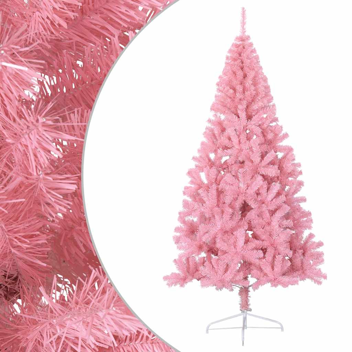 Ein rosa künstlicher Weihnachtsbaum steht auf weißem Grund. Der Baum hat einen Metallständer und ist ganz rosa.