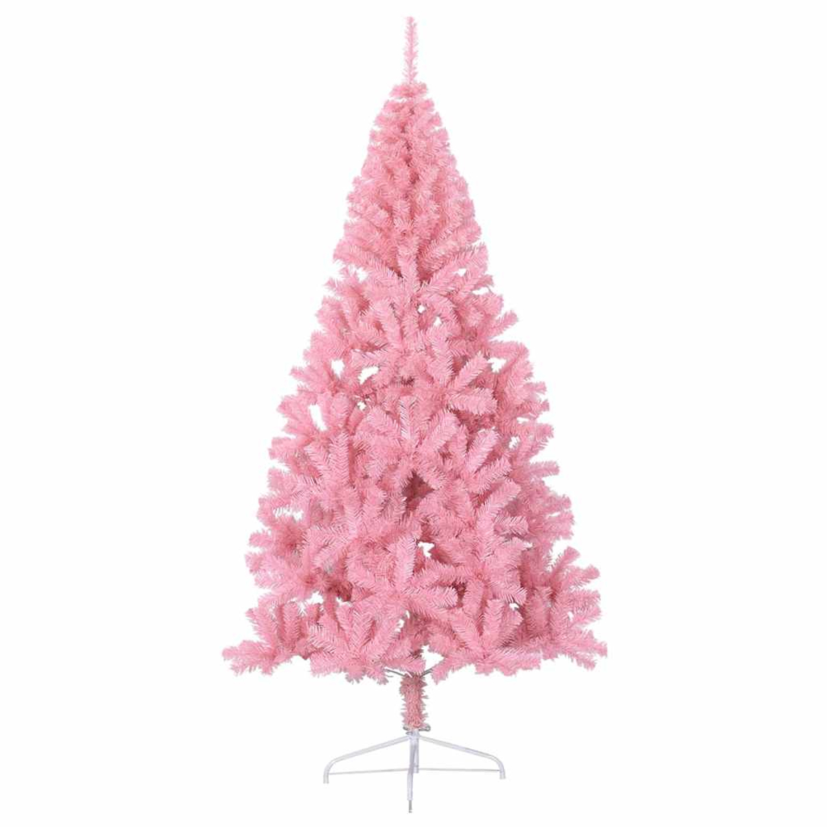 Ein rosa künstlicher Weihnachtsbaum steht vor weißem Hintergrund. Der Baum hat einen Metallfuß.