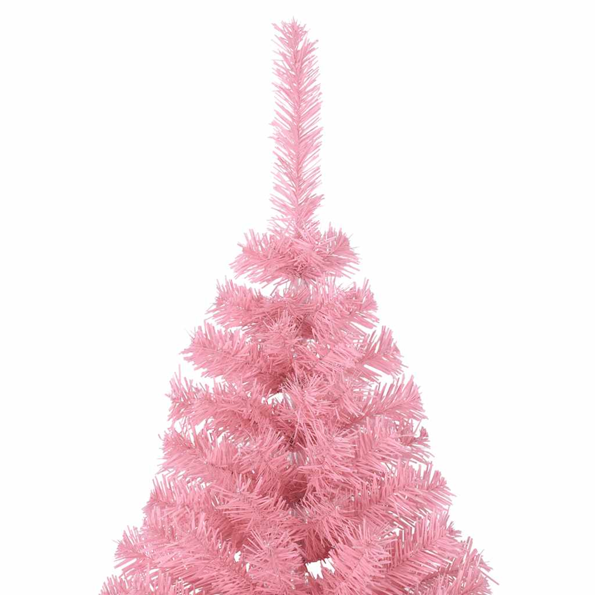 Nahaufnahme eines rosa Weihnachtsbaums. Der Baum ist einfarbig rosa, mit einer spitzen Spitze und dichten Ästen.