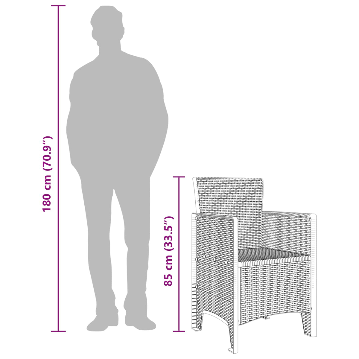 Eine Silhouette einer Person steht neben einem Korbstuhl. Maße: 180 cm (70,9") Höhe, 85 cm (33,5") Stuhl.