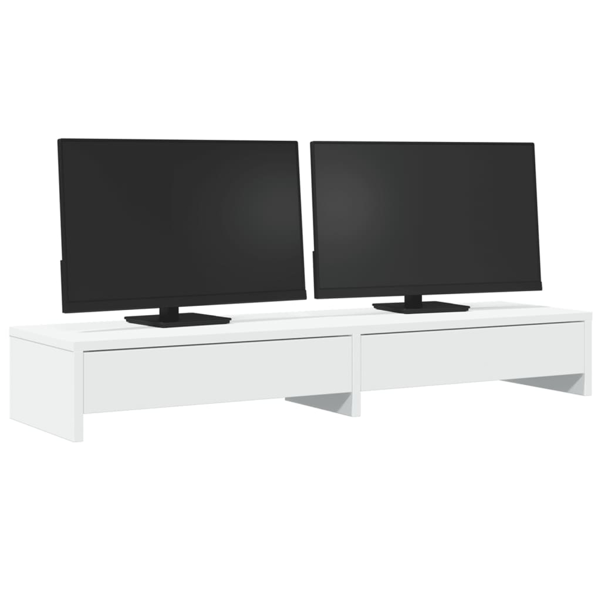 Zwei schwarze Monitore stehen auf einem weißen Schrank. Die Monitore sind rechteckig. Der Schrank hat zwei Schubladen.
