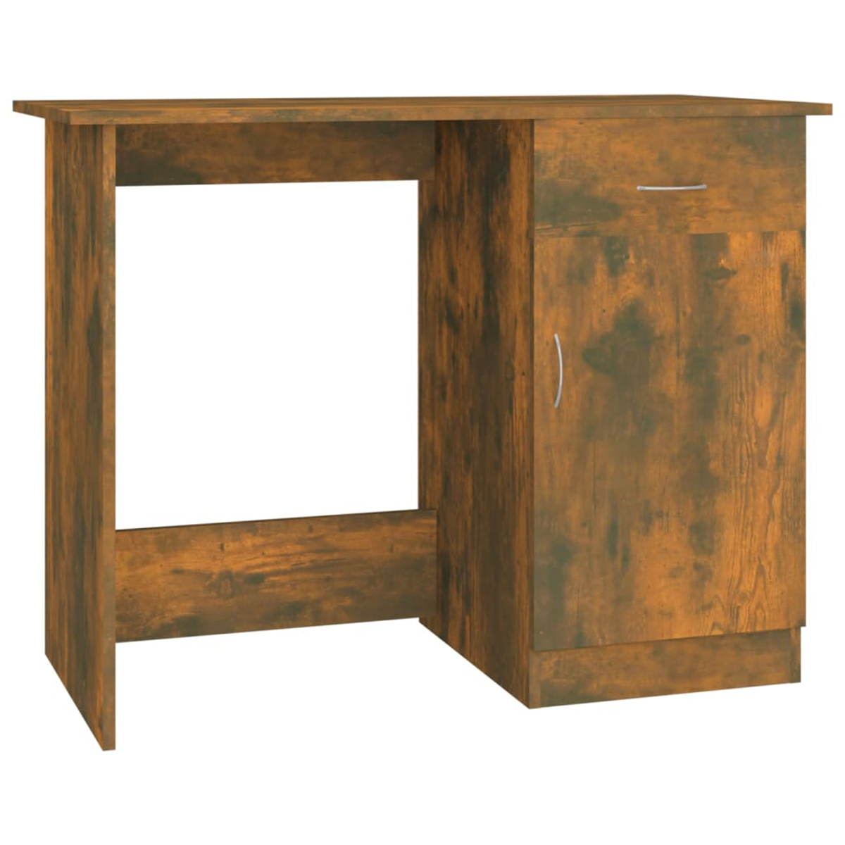 Ein brauner Holzschreibtisch mit Schublade und Schrank. Der Schreibtisch hat eine rechteckige Öffnung. Das Holz hat einen rustikalen Look.