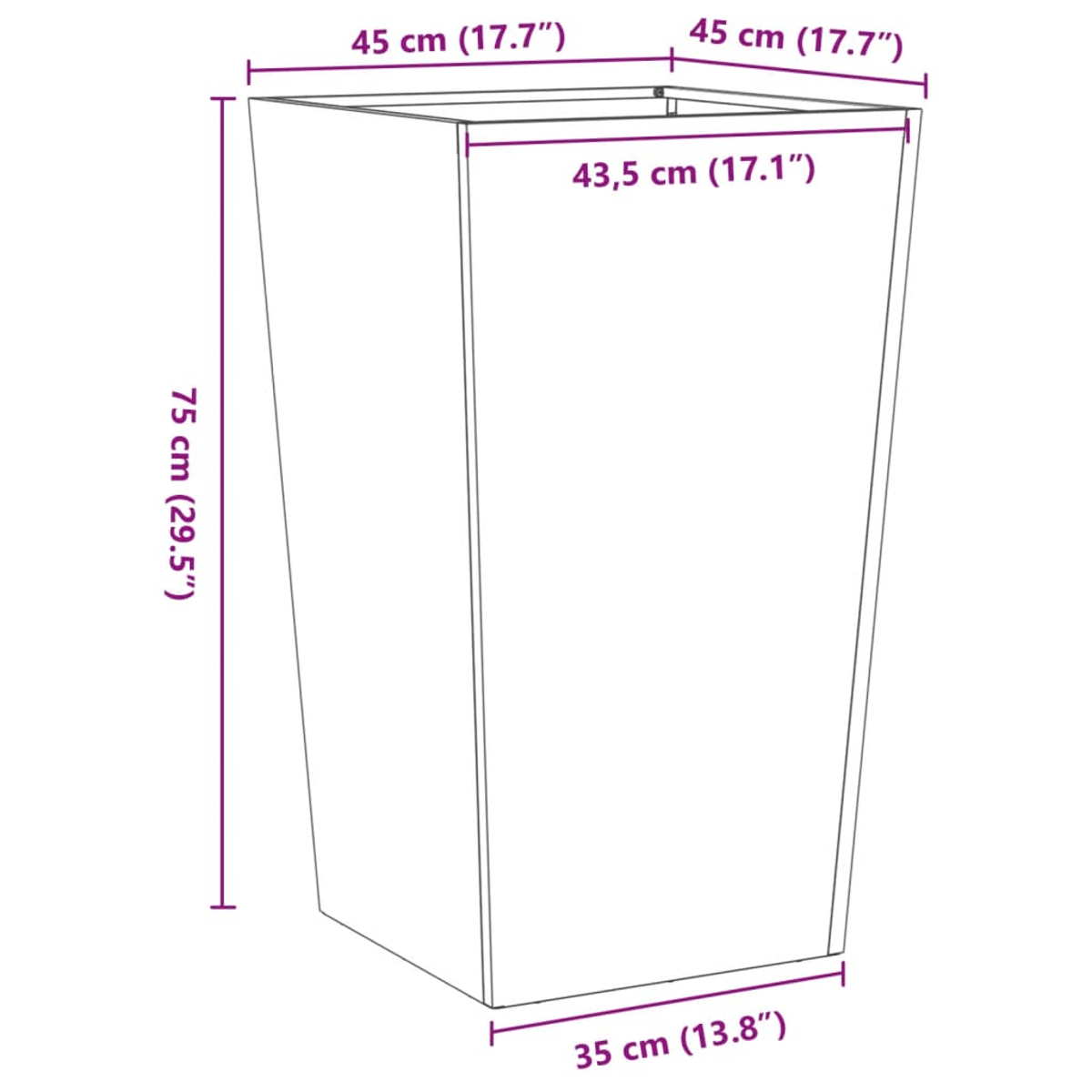 Diagramm eines rechteckigen Pflanzgefäßes mit Maßangaben: 45 cm (17,7"), 75 cm (29,5"), 35 cm (13,8"), und 43,5 cm (17,1").
