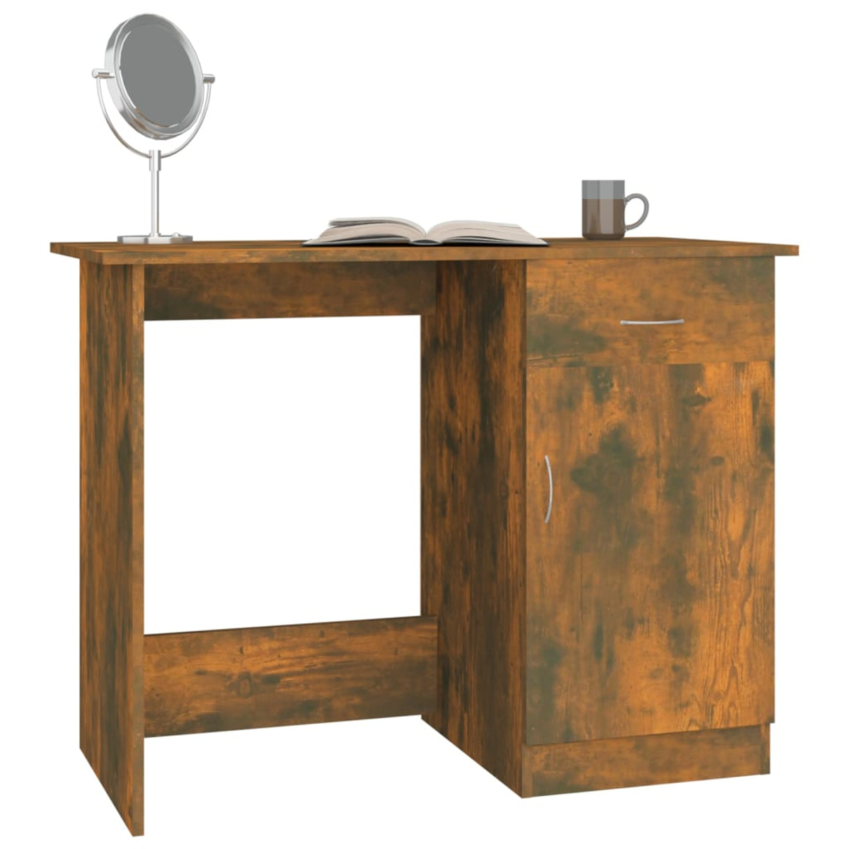 Holzschreibtisch mit Spiegel, offenem Buch und Becher. Der Schreibtisch hat eine Schublade und einen Schrank.