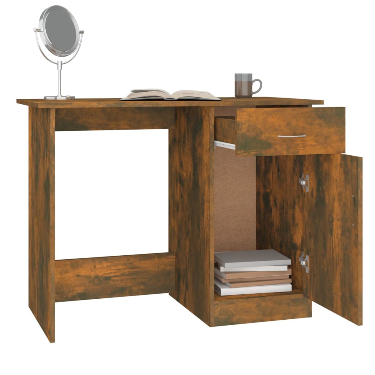 Ein brauner Holzschreibtisch mit Spiegel, offenem Buch und Tasse. Schublade und Schrank sind geöffnet und zeigen Bücher.