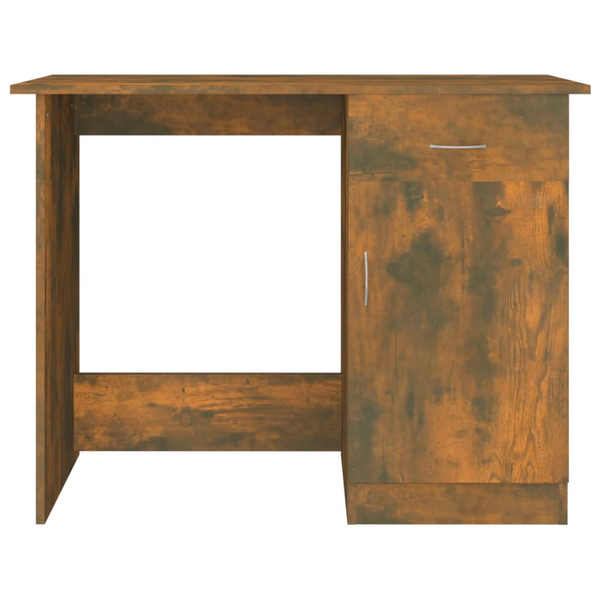 Ein brauner Holzschreibtisch mit einer Schublade und einem Schrank. Der Schreibtisch hat eine rechteckige Oberseite und einen großen offenen Raum.