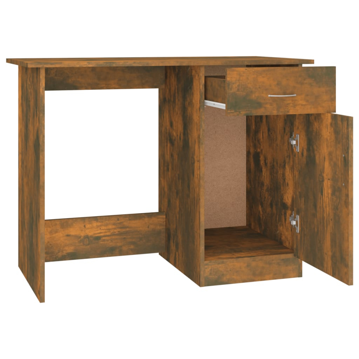 Ein brauner Holzschreibtisch mit einer Schublade und einem offenen Schrank. Die Schublade ist teilweise geöffnet. Der Schreibtisch hat ein einfaches Design.