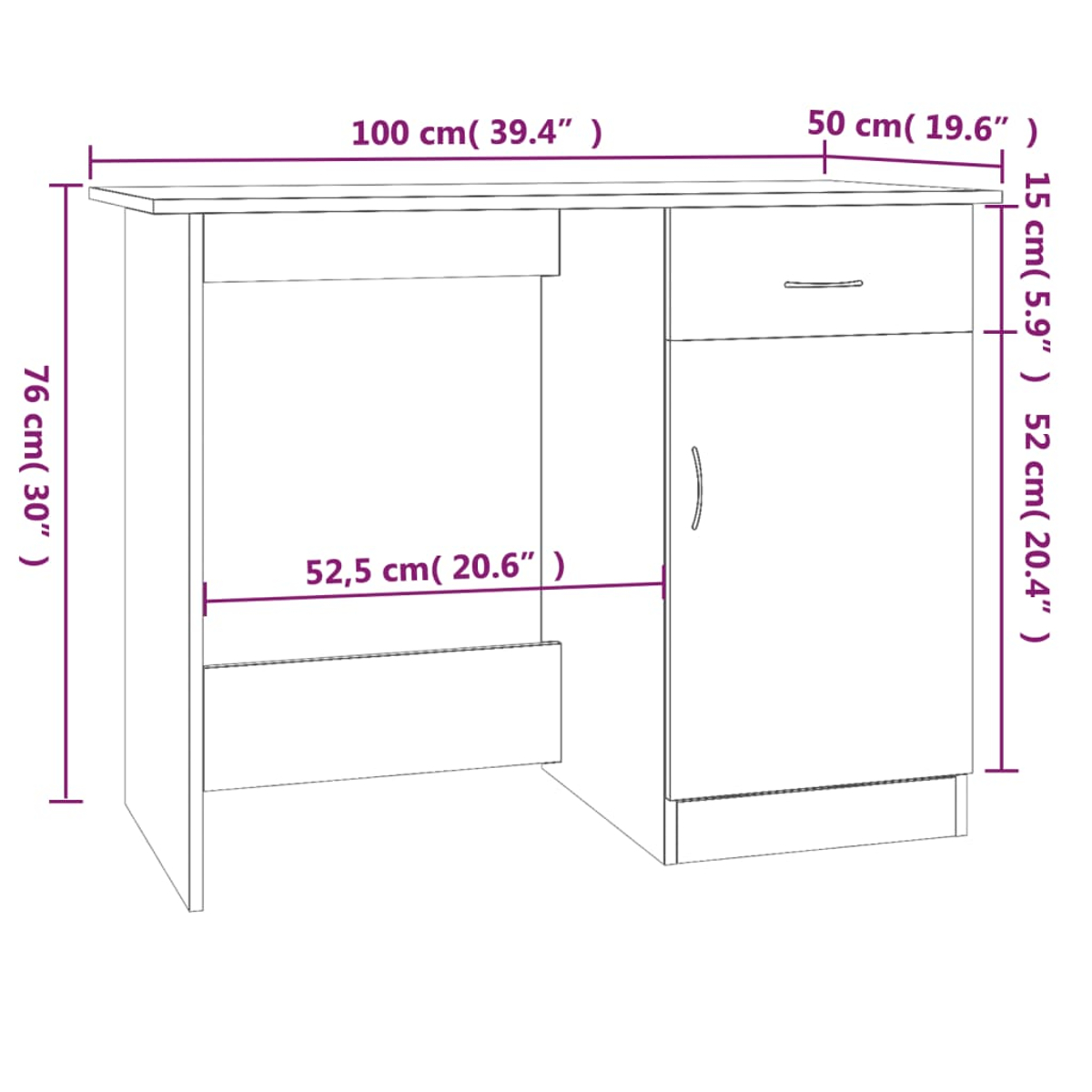 Ein weißer Schreibtisch mit beschrifteten Maßen. Er hat eine Schublade, einen Schrank mit gebogenem Griff und einen offenen Stauraum.