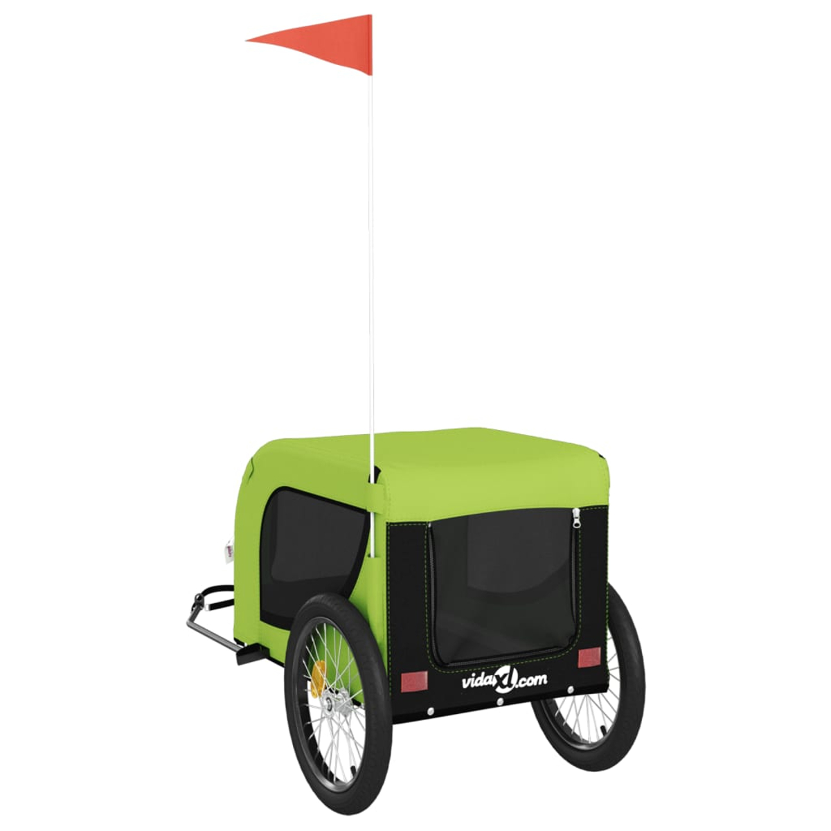 Ein grün-schwarzer Fahrradanhänger mit zwei Rädern, einer roten Flagge und der Website 'vida4.com' vor weißem Hintergrund.
