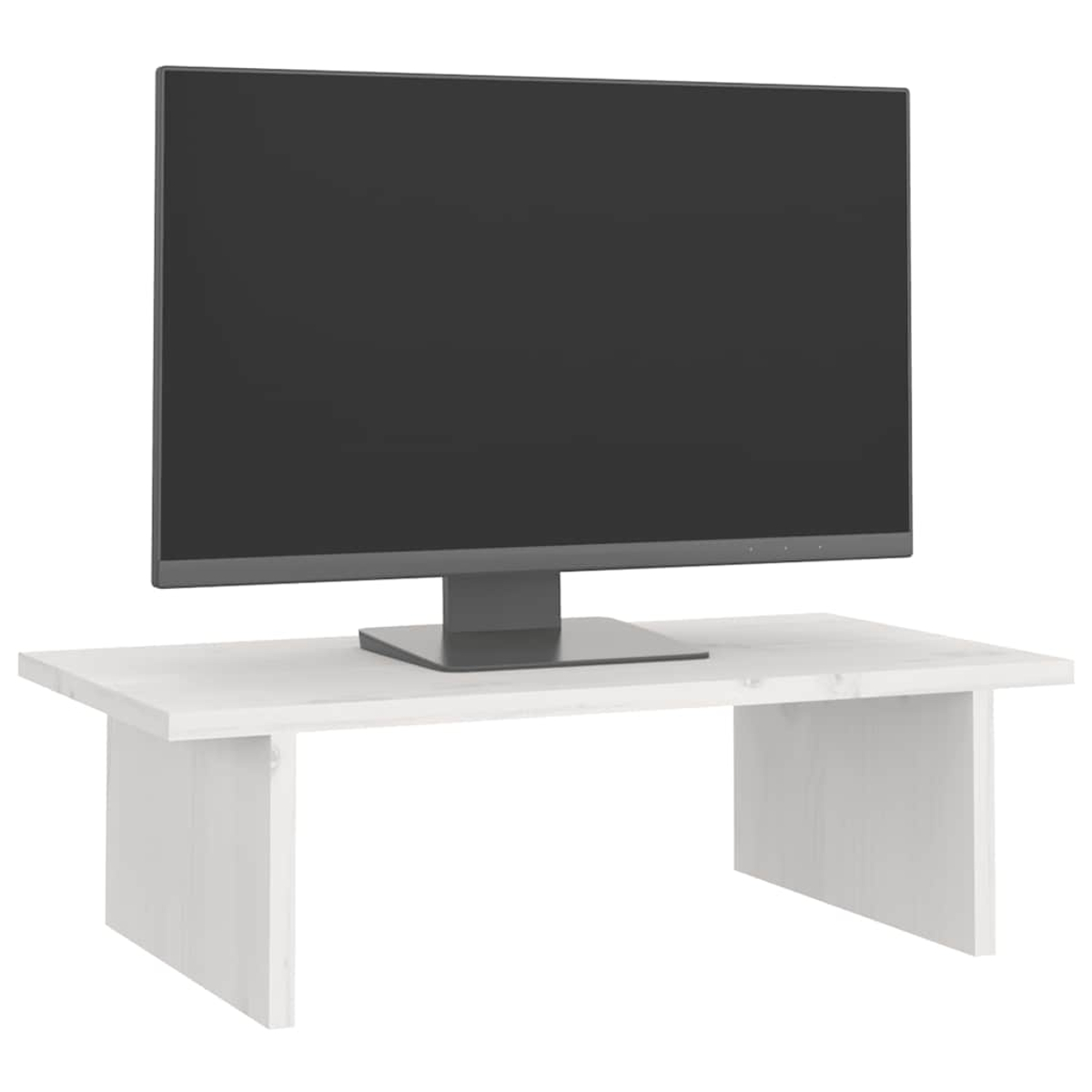 Ein Monitor mit dunklem Bildschirm steht auf einem weißen Tisch. Der Tisch hat zwei weiße Stützen. Der Hintergrund ist weiß.