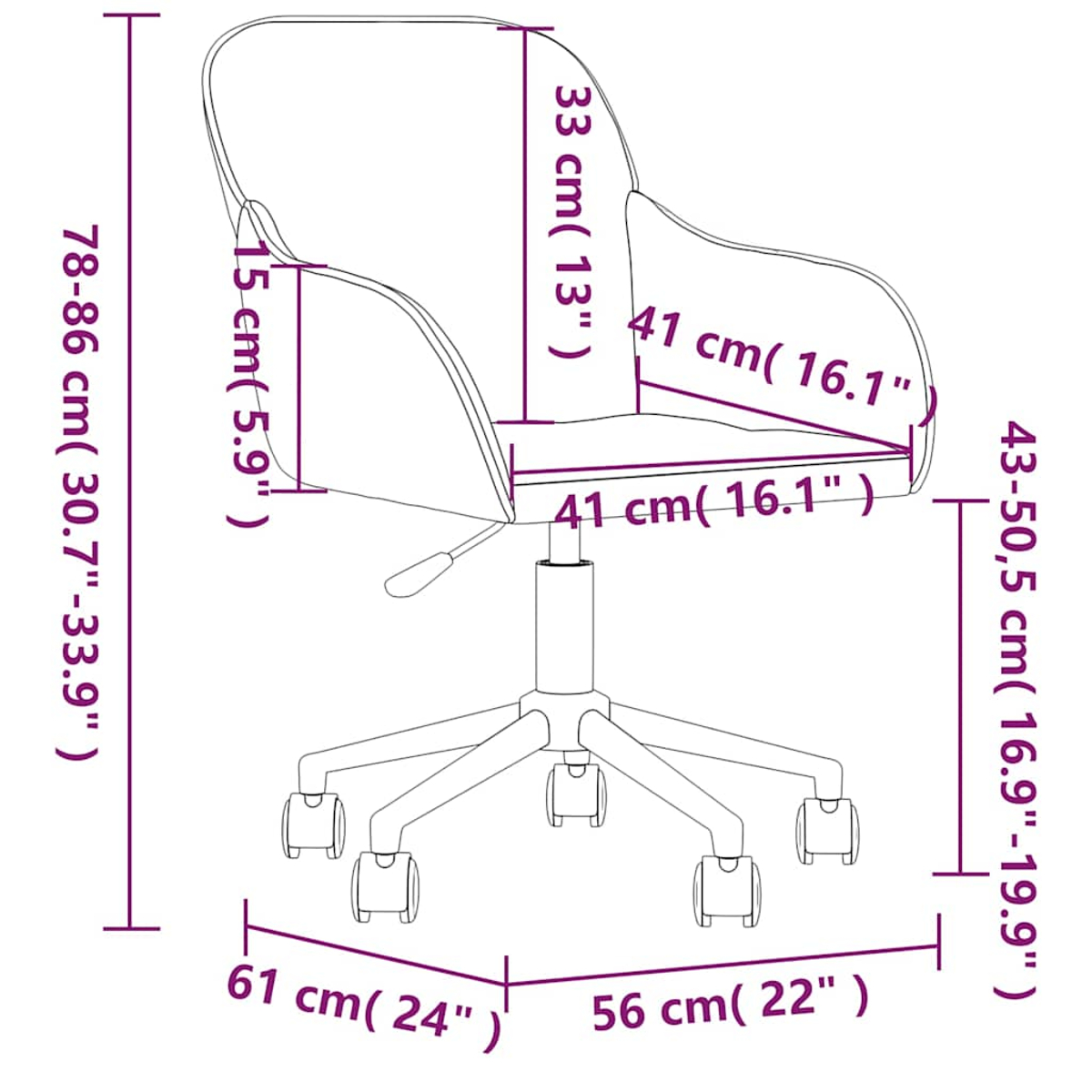 Diagramm eines Bürostuhls mit Maßangaben in Zentimetern und Zoll: Höhe, Breite und Tiefe.