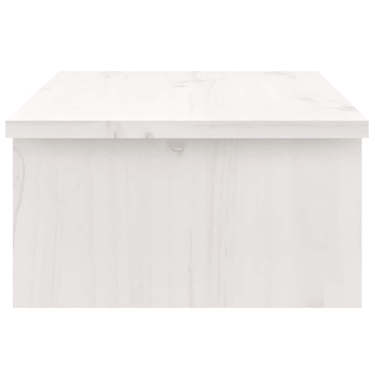 Ein weißer Holzschrank. Die Oberseite ist eine flache Oberfläche. Die Vorderseite ist eine massive Platte mit sichtbarer Holzmaserung.