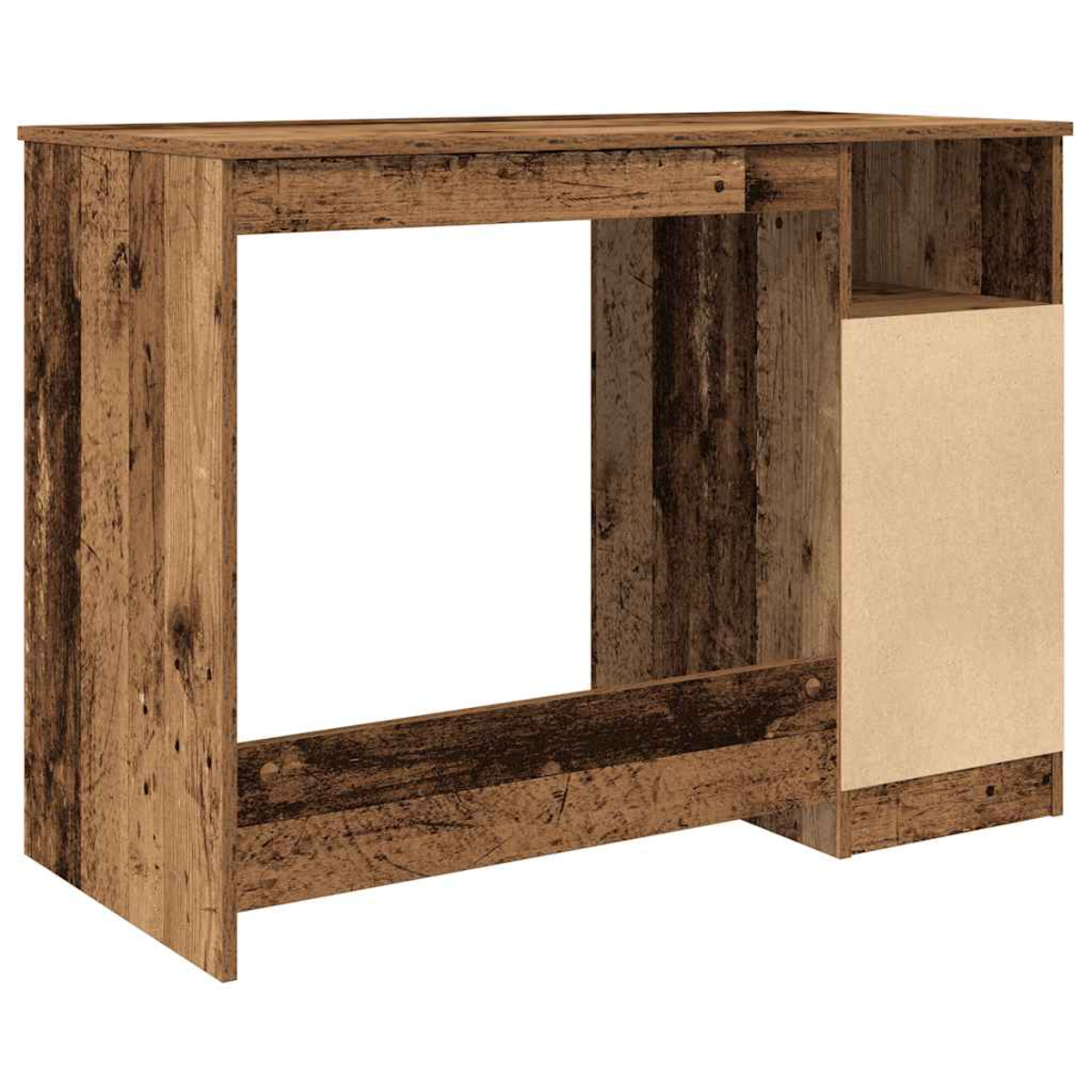 Ein Holzschreibtisch mit einer großen Öffnung und einem kleinen Stauraum auf der rechten Seite. Das Holz hat ein strukturiertes, rustikales Aussehen.